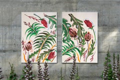 Green Tropical Leaves, Wild Artichokes, Illustration Style Diptych, Red Flowers