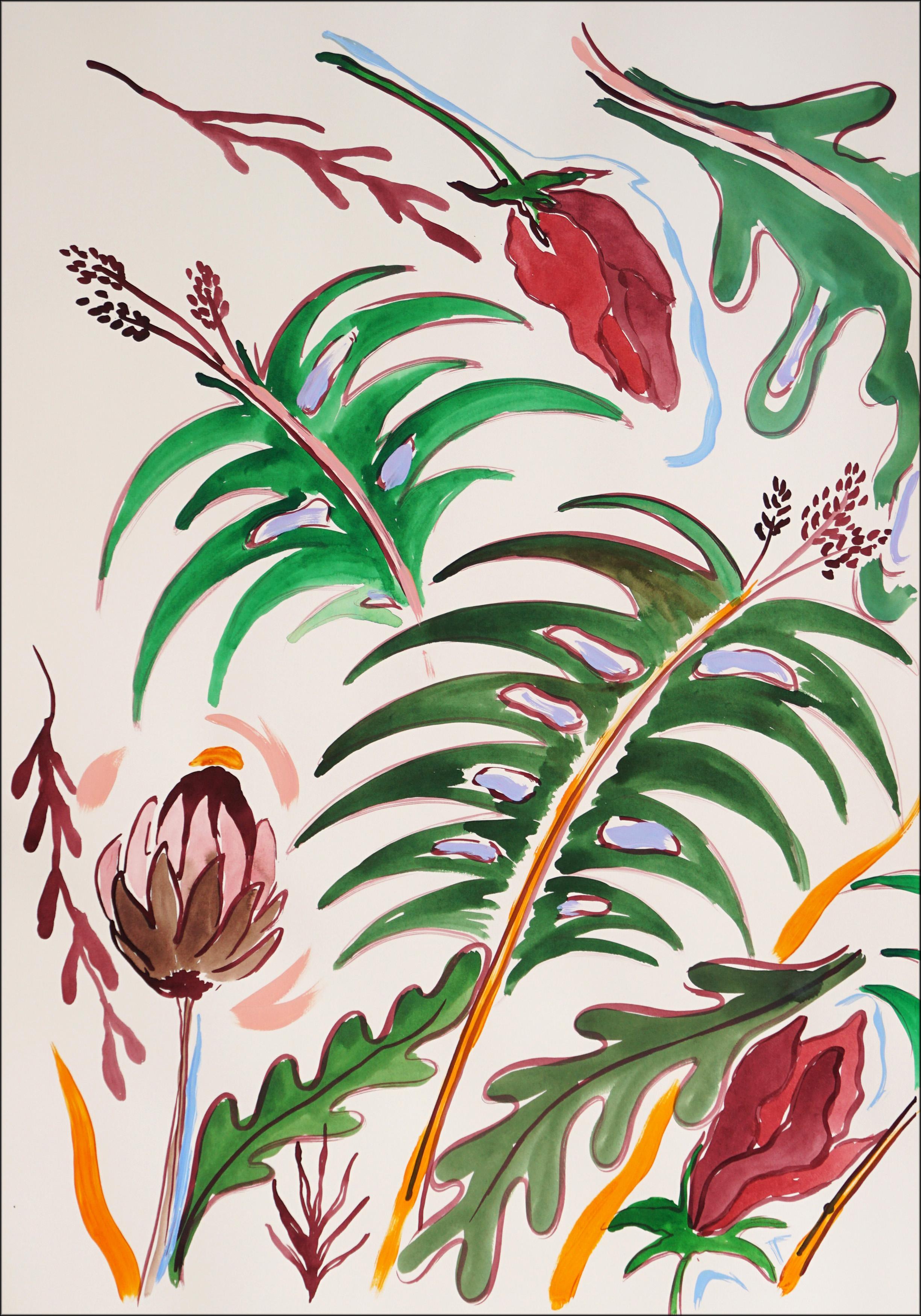 Foglie verdi tropicali, carciofi selvatici, dittico in stile illustrazione,  Fiori rossi - Painting Moderno di Romina Milano