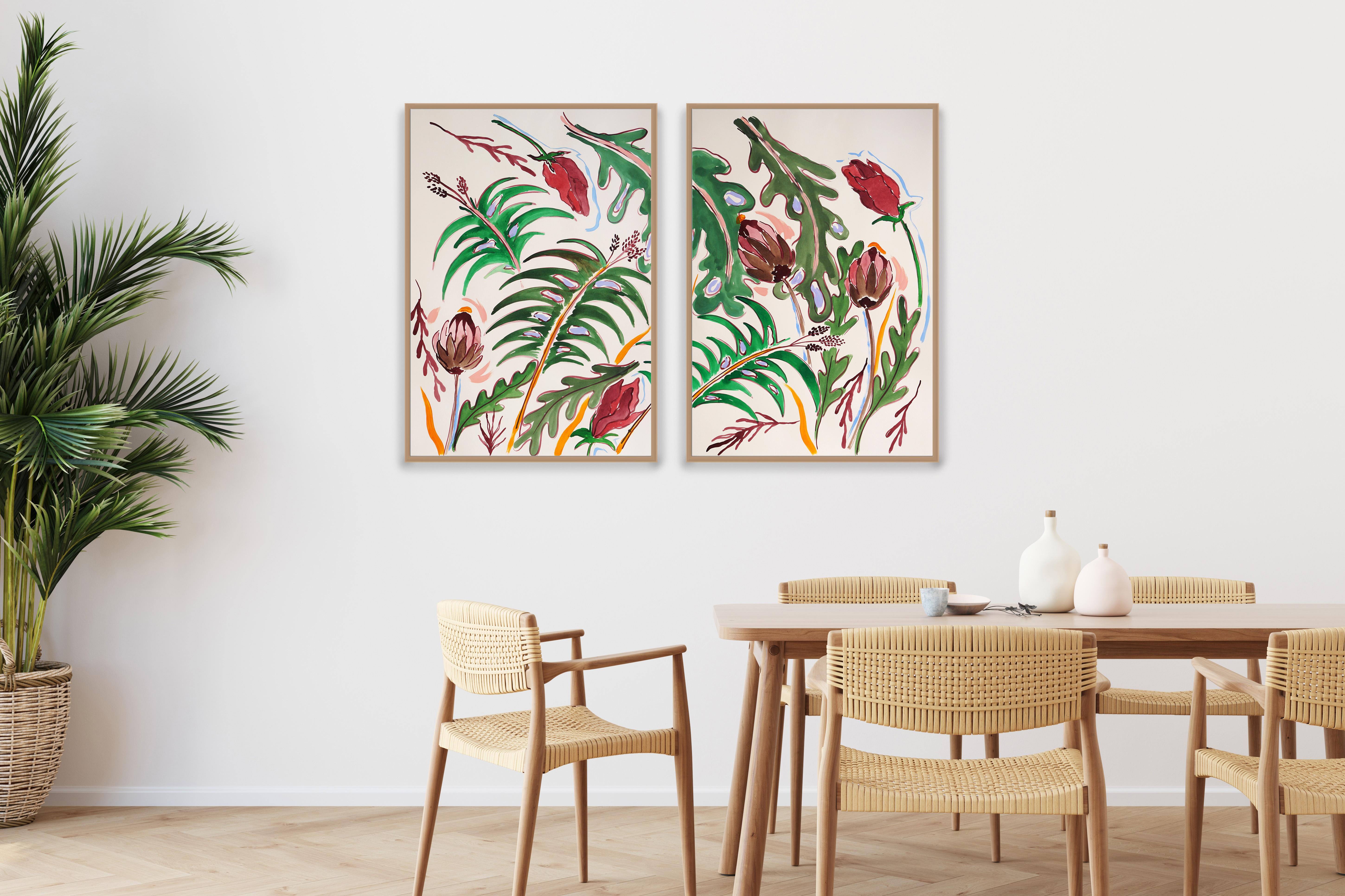Foglie verdi tropicali, carciofi selvatici, dittico in stile illustrazione,  Fiori rossi 1