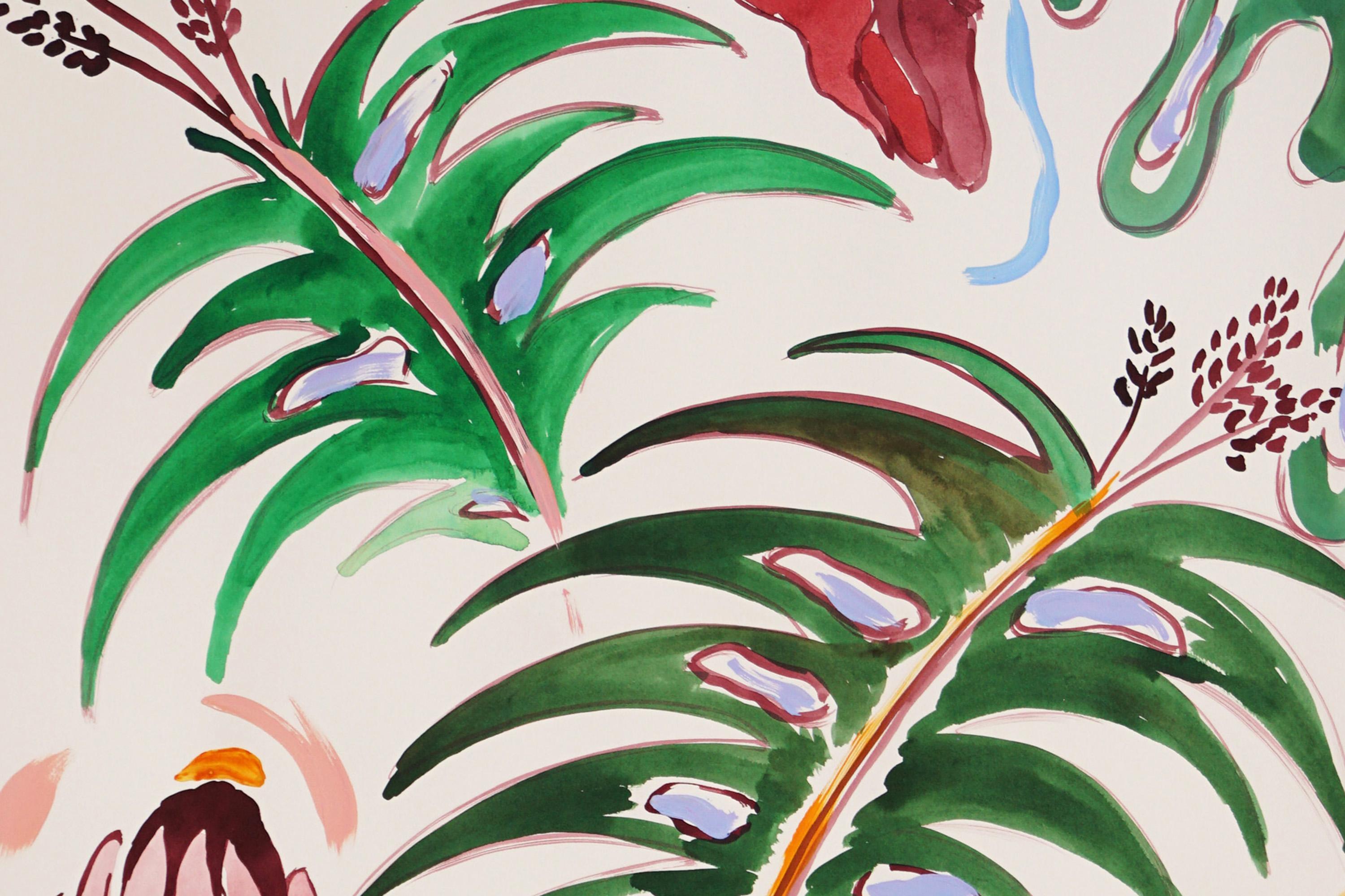Foglie verdi tropicali, carciofi selvatici, dittico in stile illustrazione,  Fiori rossi 2