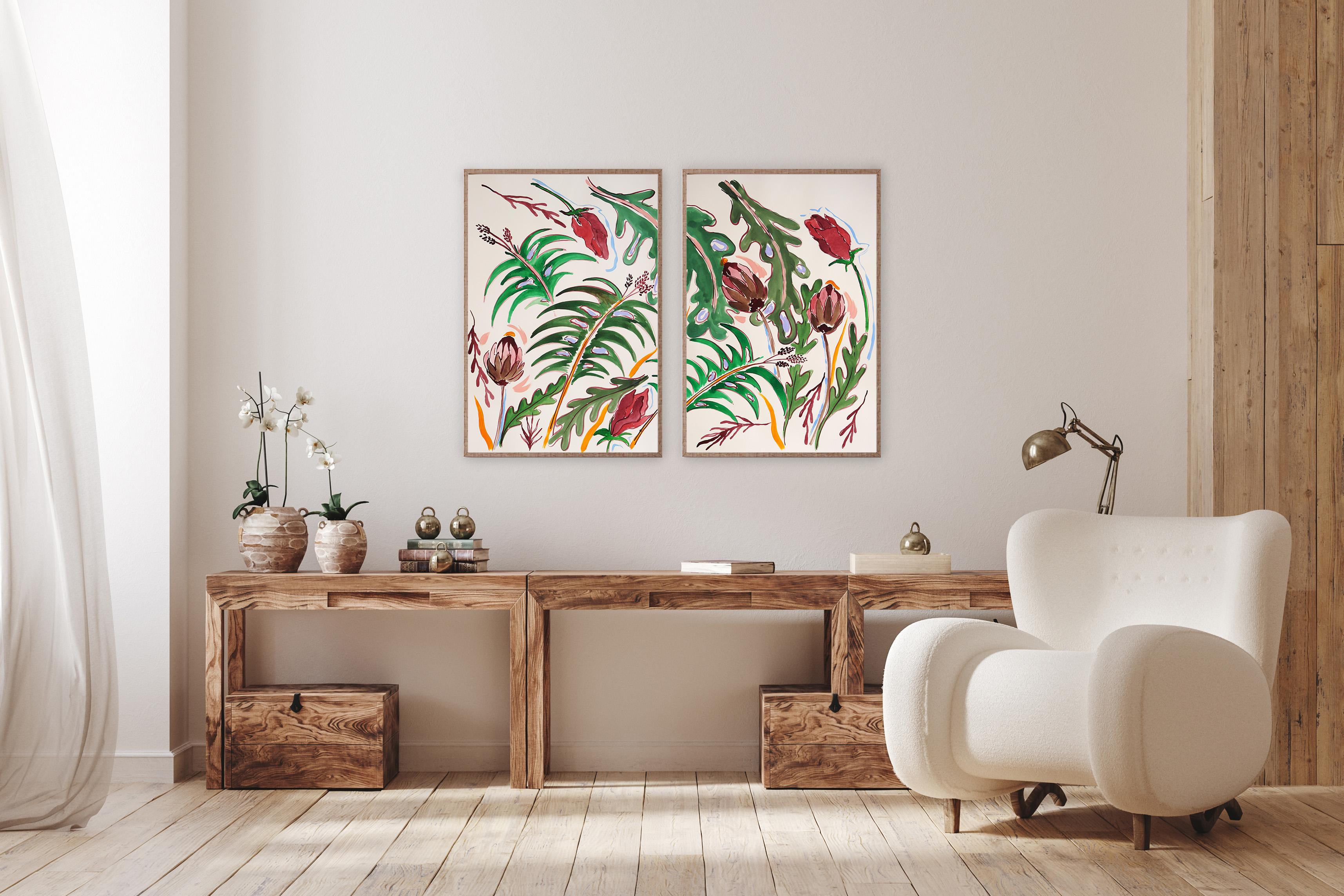 Foglie verdi tropicali, carciofi selvatici, dittico in stile illustrazione,  Fiori rossi 3