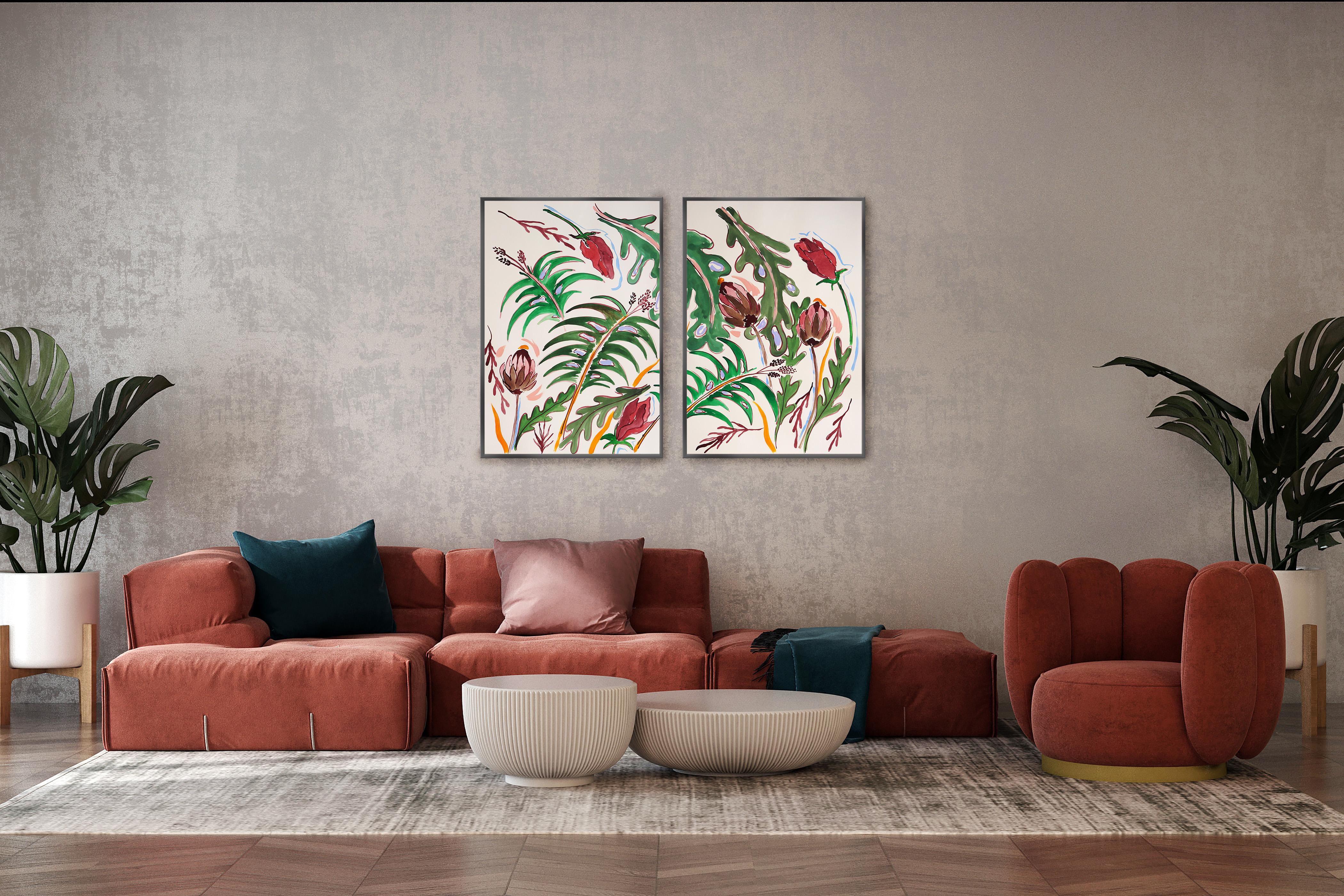Foglie verdi tropicali, carciofi selvatici, dittico in stile illustrazione,  Fiori rossi 4