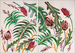 Green Tropical Leaves, Wild Artichokes, Illustration Style Diptych,  Red Flowers