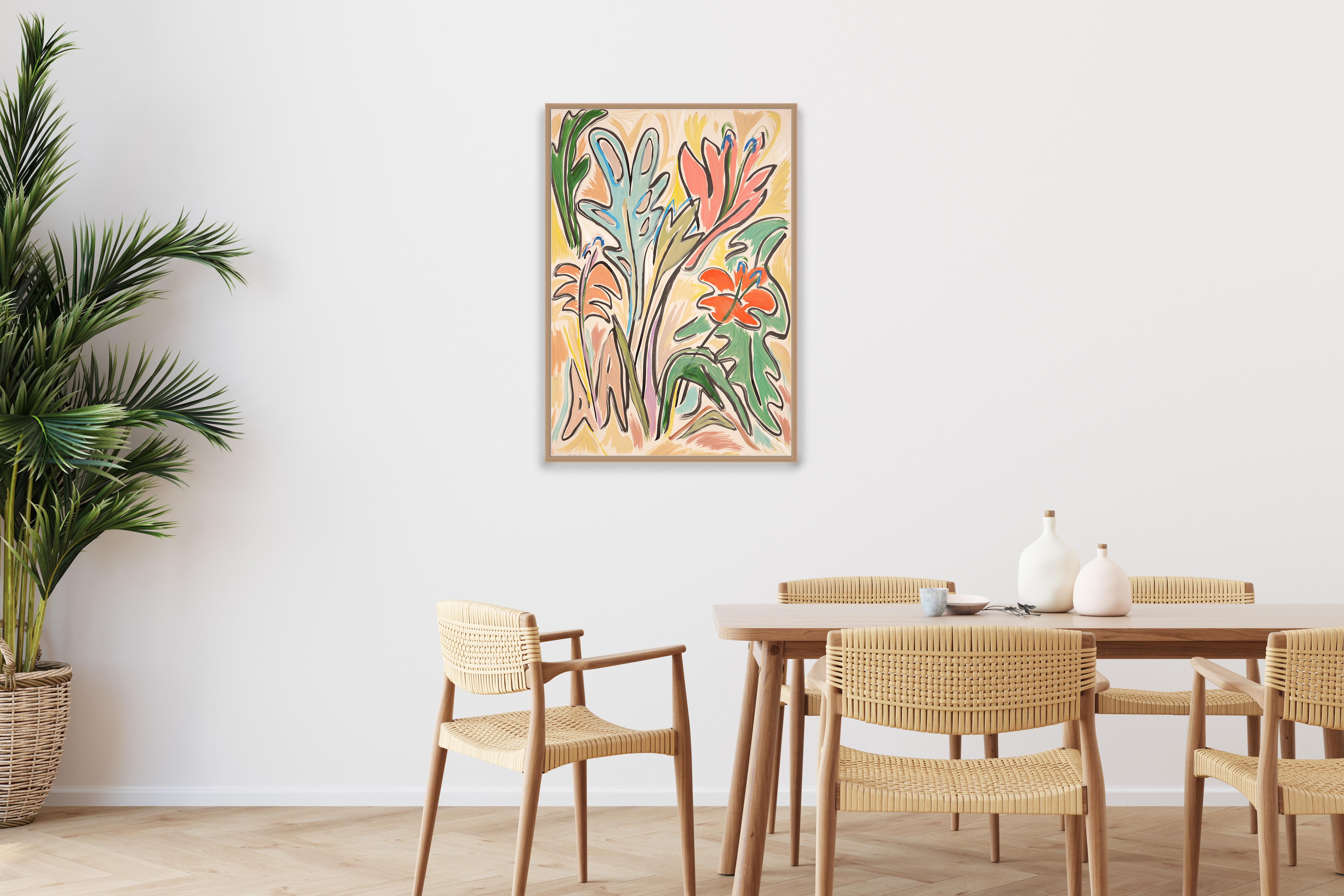 Hibiscus Garden, Vertical Modern Still Life in Pastel Tones of Vivid Flowers For Sale 1