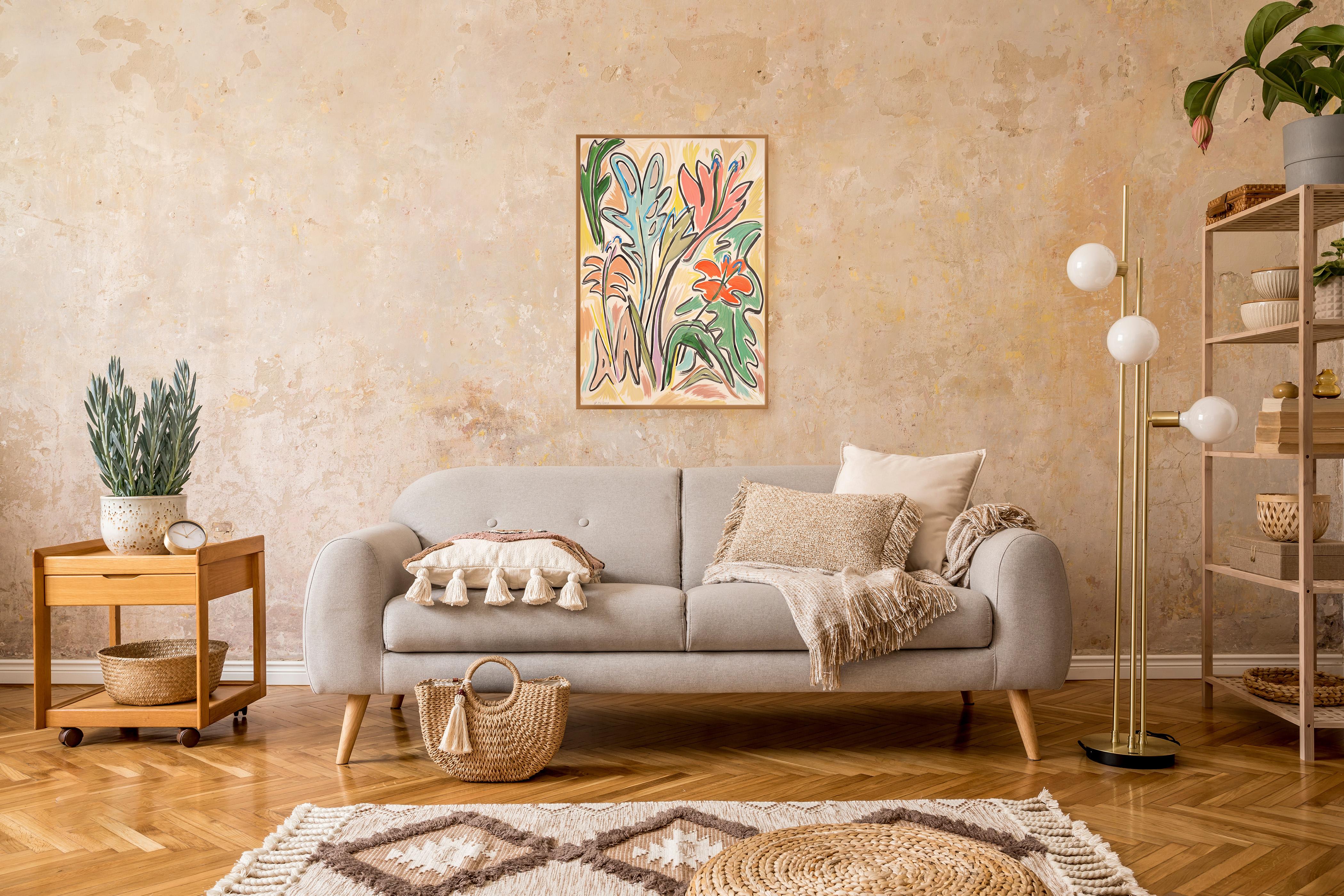 Hibiscus Garden, Vertical Modern Still Life in Pastel Tones of Vivid Flowers - Beige Landscape Painting by Romina Milano