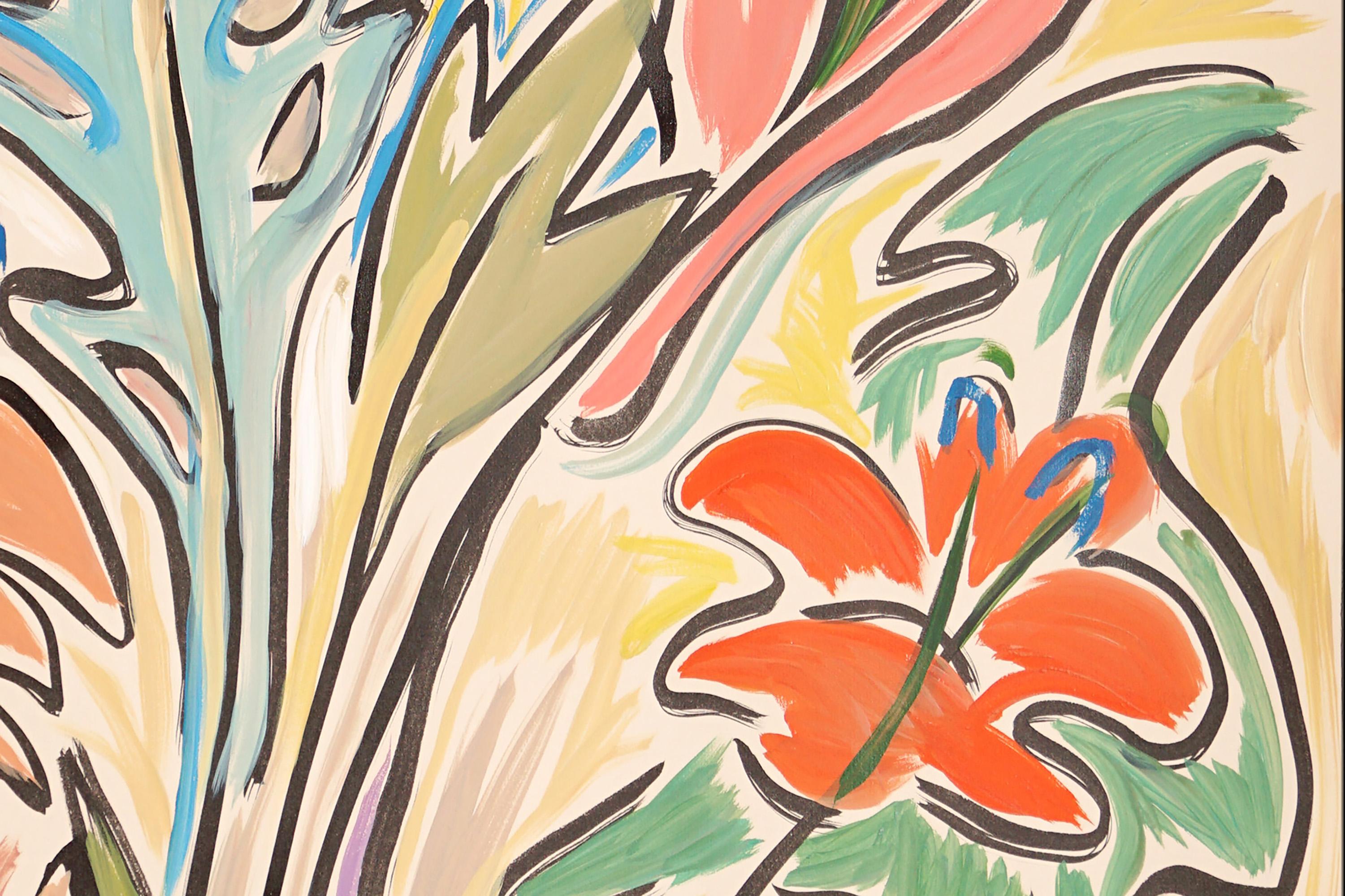 Hibiscus Garden, Vertical Modern Still Life in Pastel Tones of Vivid Flowers For Sale 3
