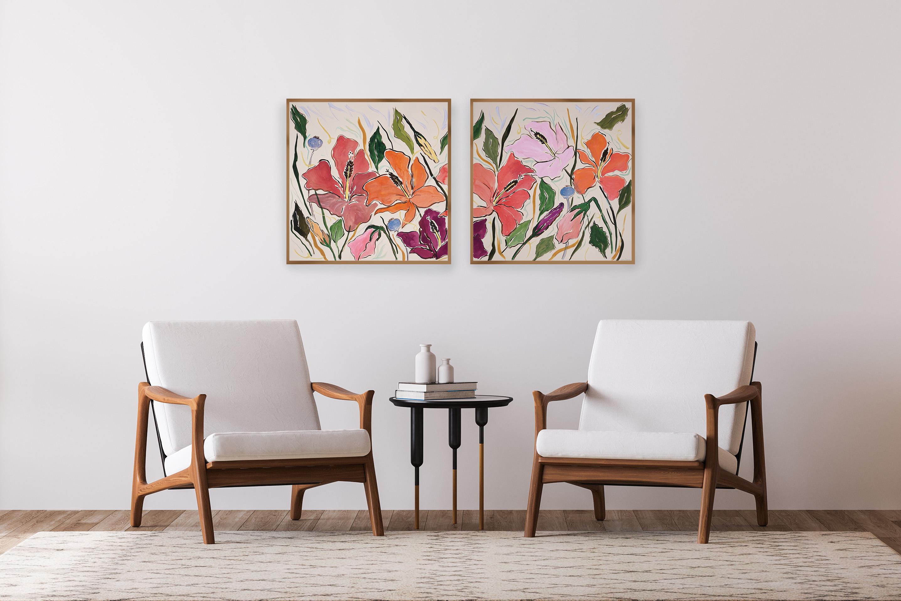 Hibiscus Oasis Diptych, Orange, Pink, Red , Illustration Flowers, Exotic, Leaves - Painting by Romina Milano