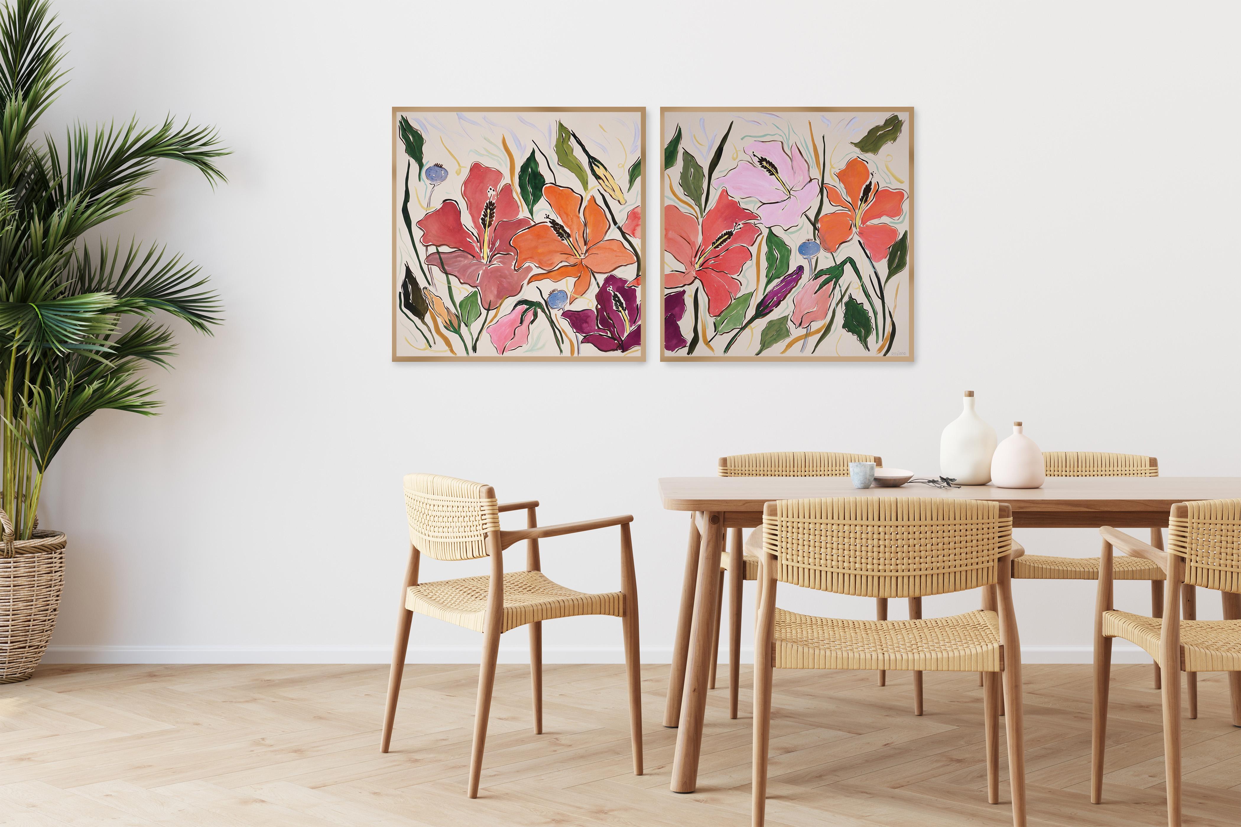 Hibiscus Oasis Díptico, Naranja, Rosa, Rojo , Ilustración Flores, Exótico, Hojas 1
