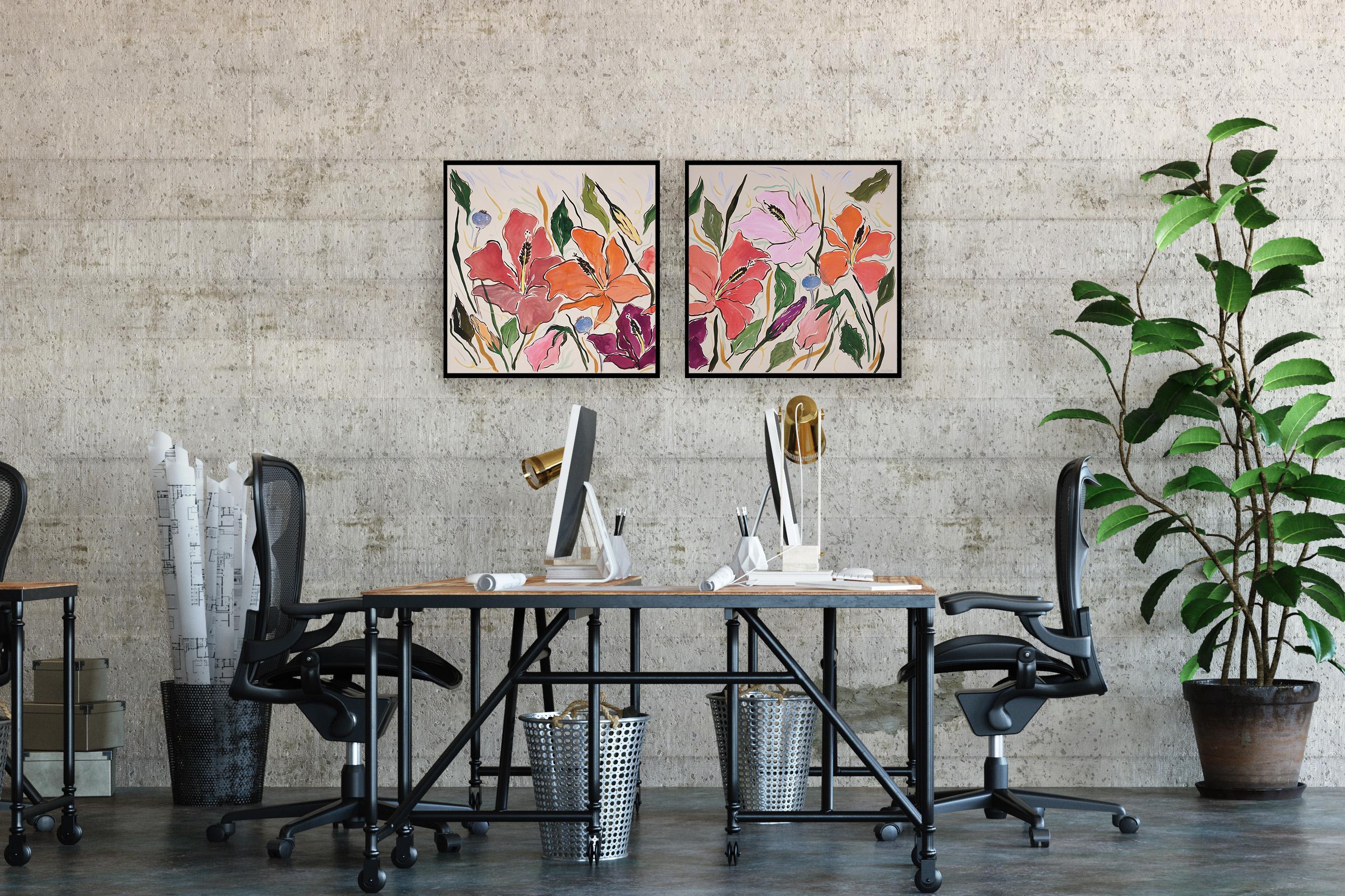 Hibiscus Oasis Diptych, Orange, Pink, Red , Illustration Flowers, Exotic, Leaves For Sale 1