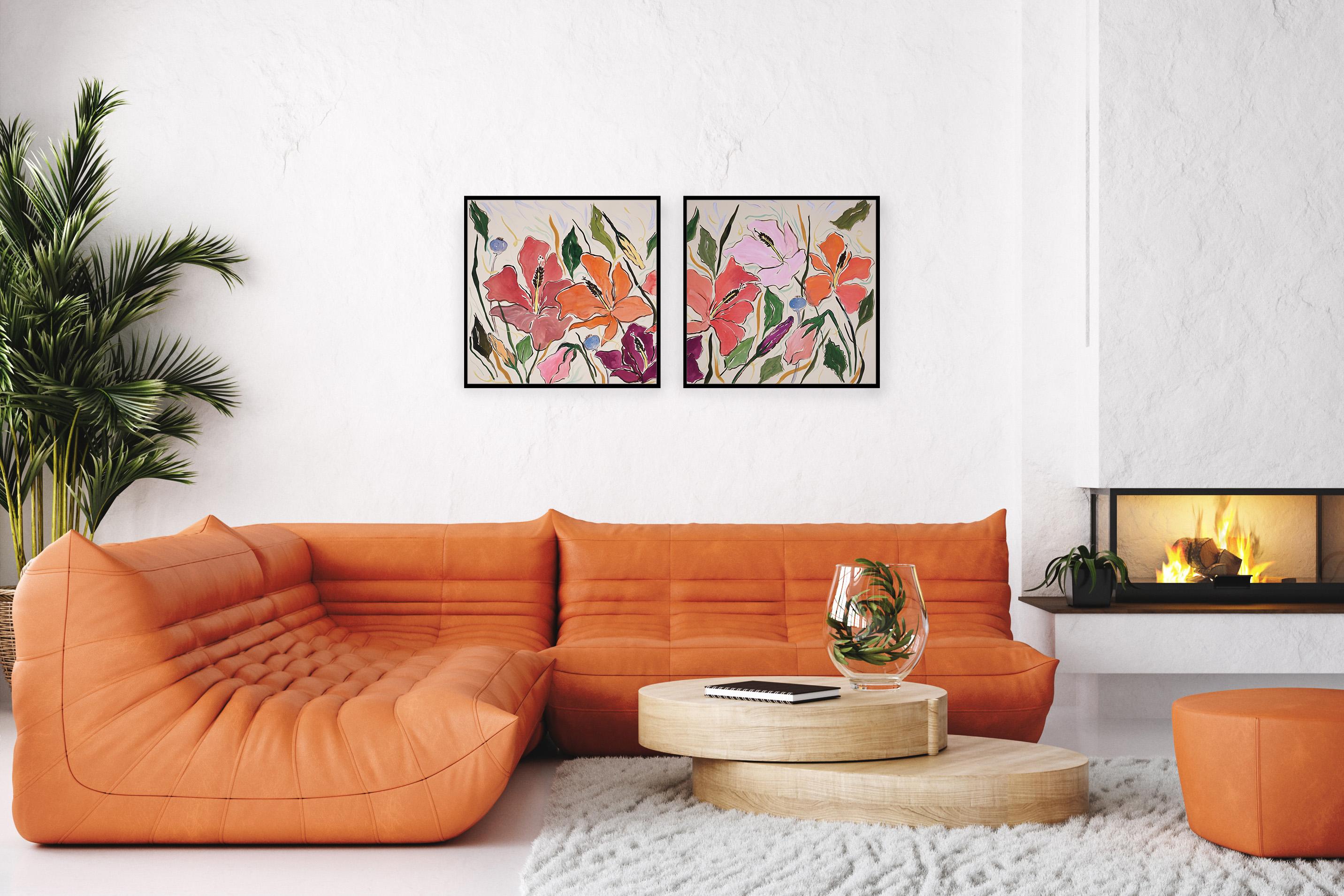Hibiscus Oasis Diptych, Orange, Pink, Red , Illustration Flowers, Exotic, Leaves For Sale 3