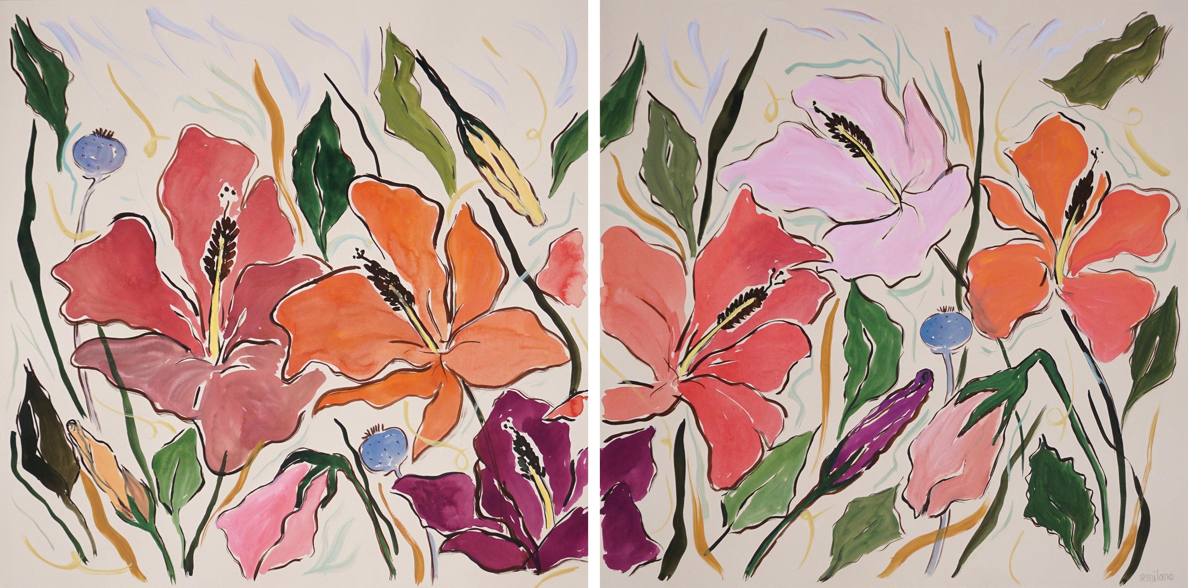 Romina Milano Landscape Painting - Hibiscus Oasis Diptych, Orange, Pink, Red , Illustration Flowers, Exotic, Leaves