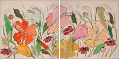 Hibiscus Oasis Diptych, Orange, Pink, Yellow, Abstract Flowers, Exotic, Leaves