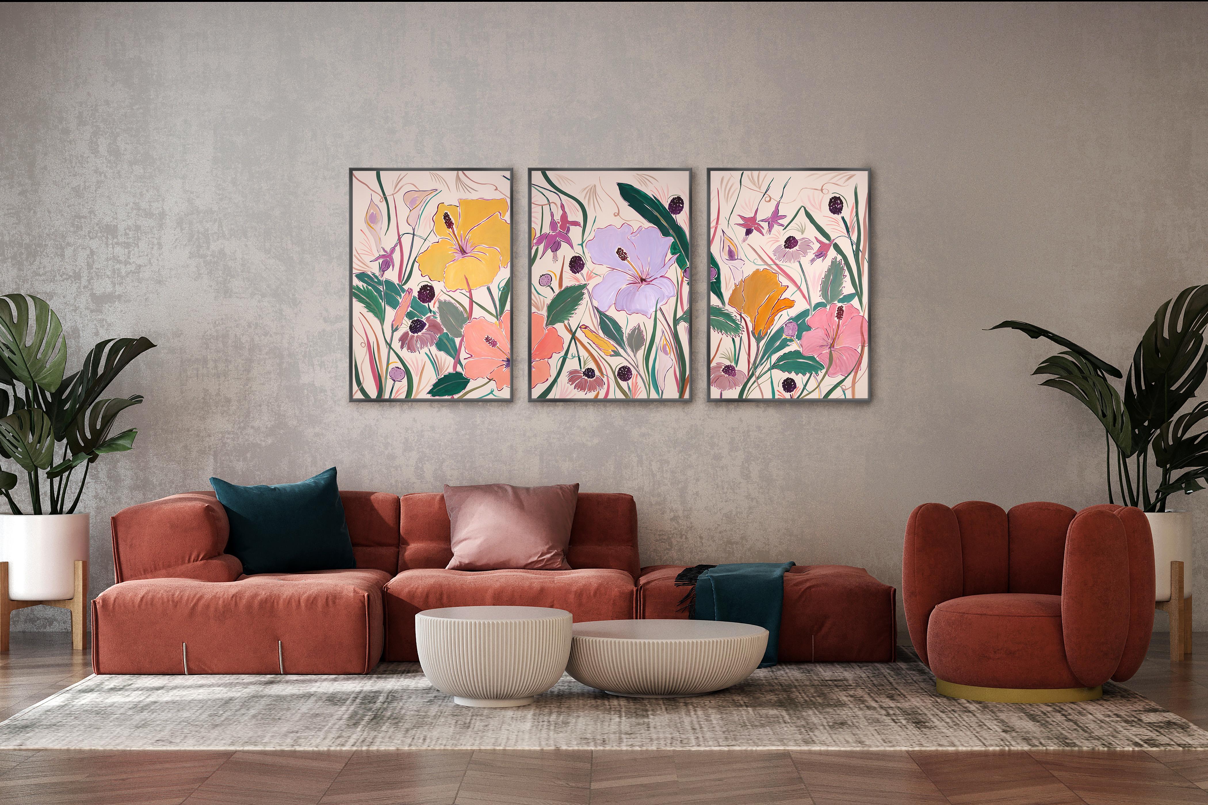 Hibiscus Oasis Garden Triptych, Tropical Flower Illustration Style, Pink, Yellow - Painting by Romina Milano