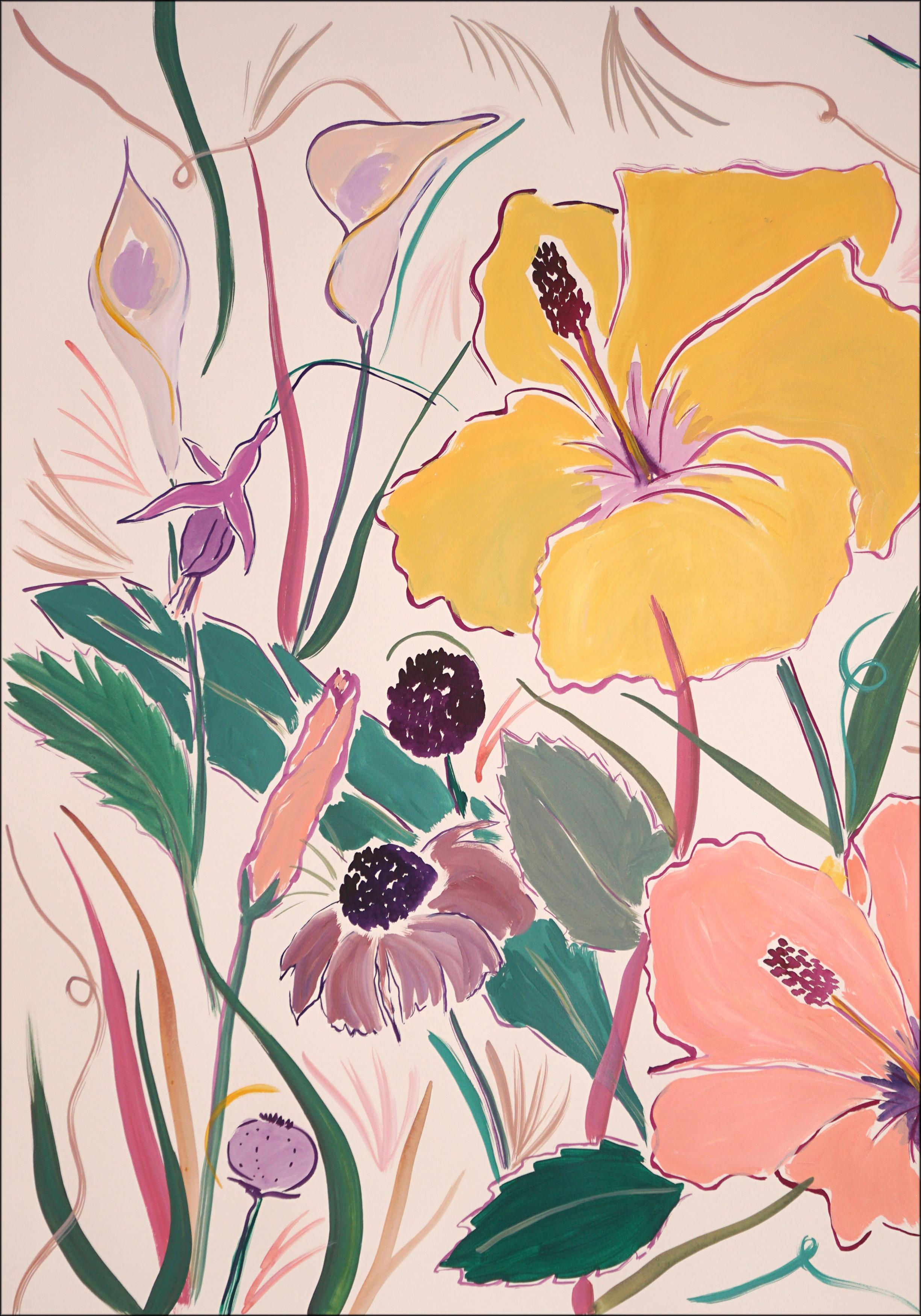 Hibiscus Oasis Garden Triptych, Tropical Flower Illustration Style, Pink, Yellow - Naturalistic Painting by Romina Milano