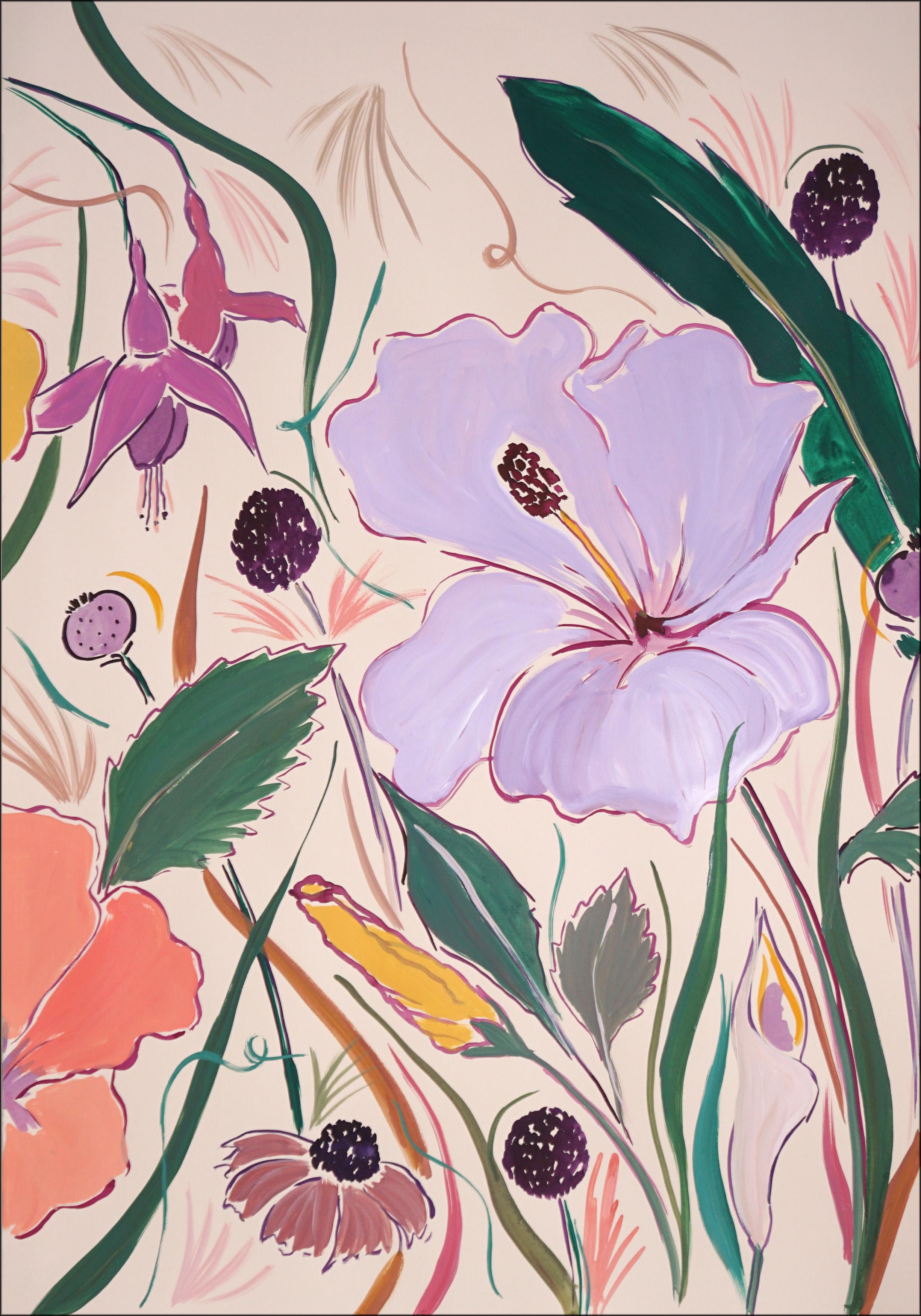 Hibiscus Oasis Garden Triptych, Tropical Flower Illustration Style, Pink, Yellow 1