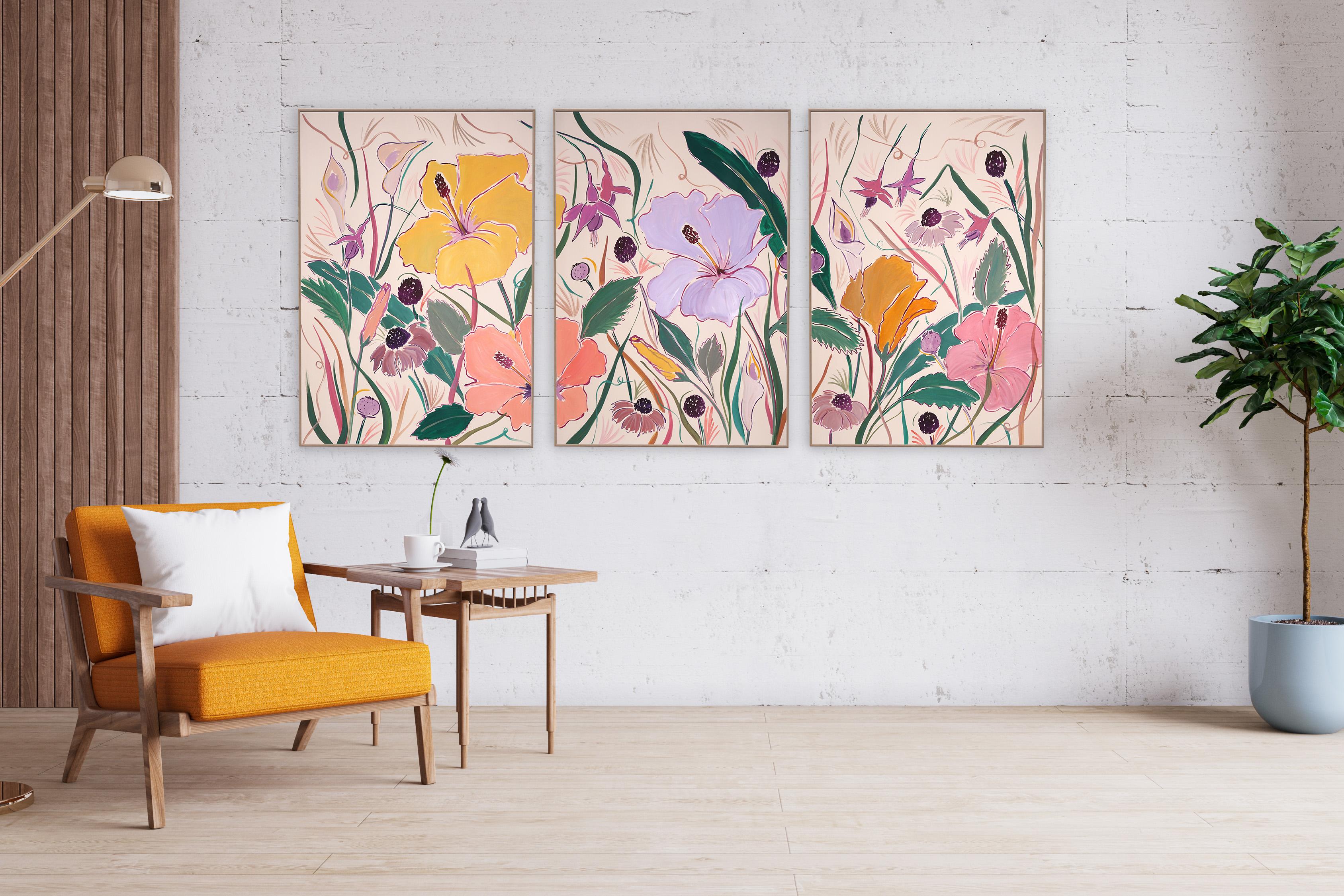 Hibiscus Oasis Garden Triptych, Tropical Flower Illustration Style, Pink, Yellow 2