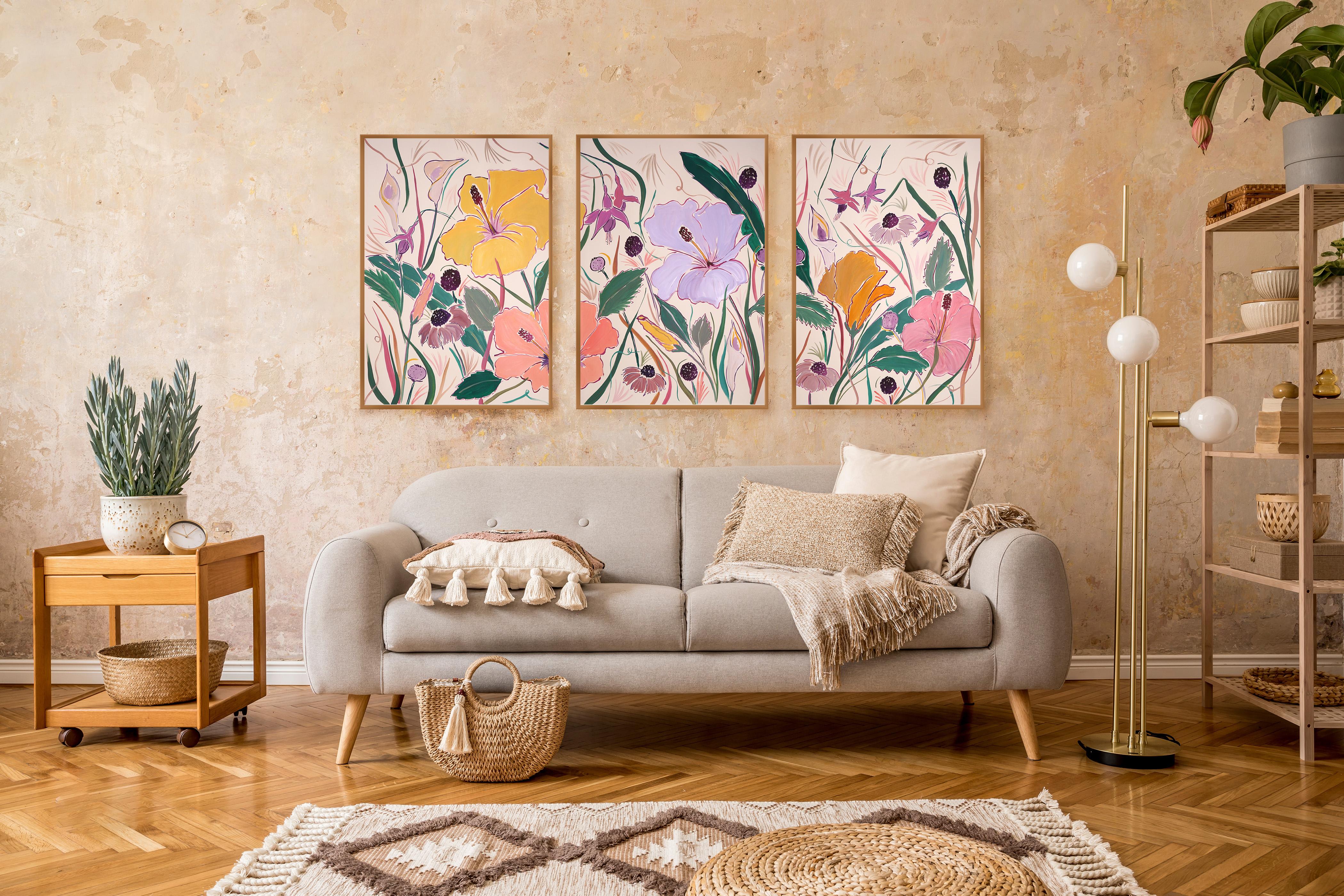 Hibiscus Oasis Garden Triptych, Tropical Flower Illustration Style, Pink, Yellow 3
