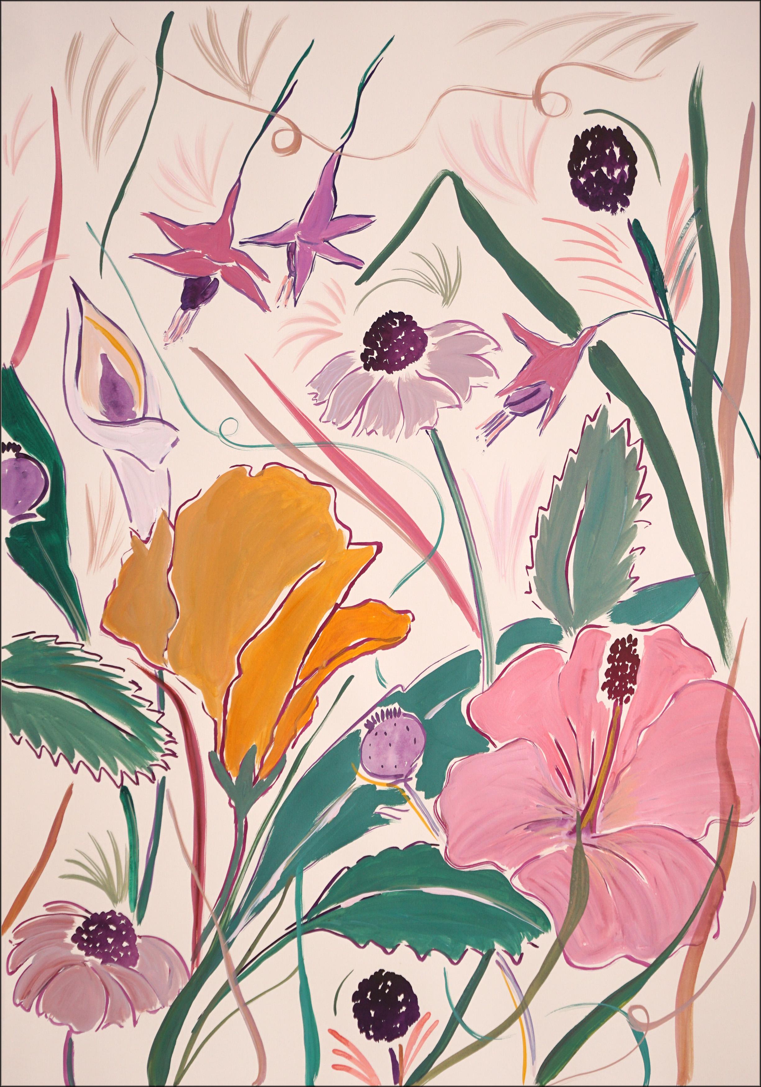 Hibiscus Oasis Garden Triptych, Tropical Flower Illustration Style, Pink, Yellow 4