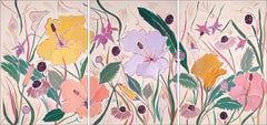 Hibiscus Oasis Garden Triptych, Tropical Flower Illustration Style, Pink, Yellow