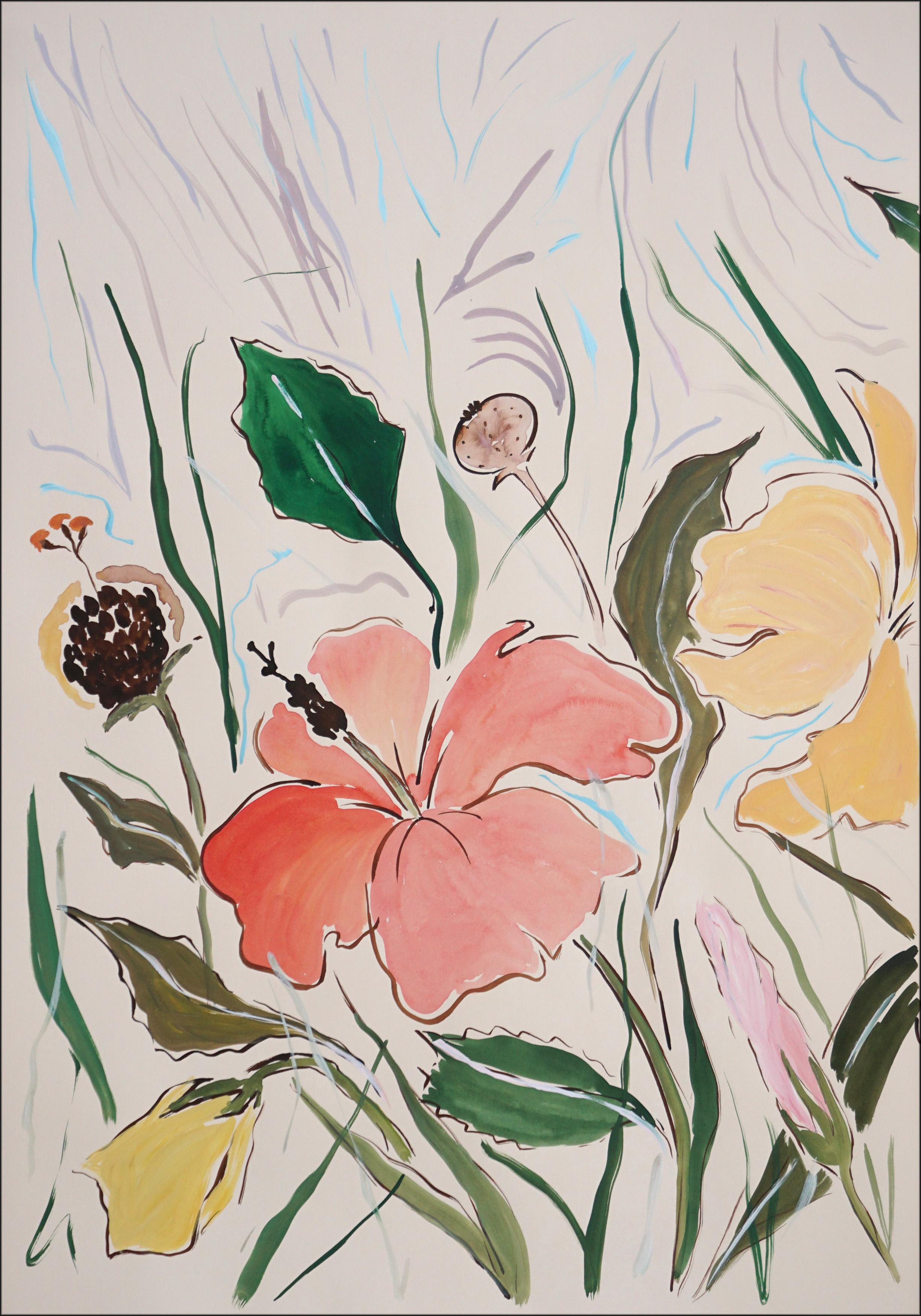 Diptyque Hibiscus Oasis IV, rouge, jaune, rose de grandes fleurs, feuilles vertes - Naturalisme Painting par Romina Milano