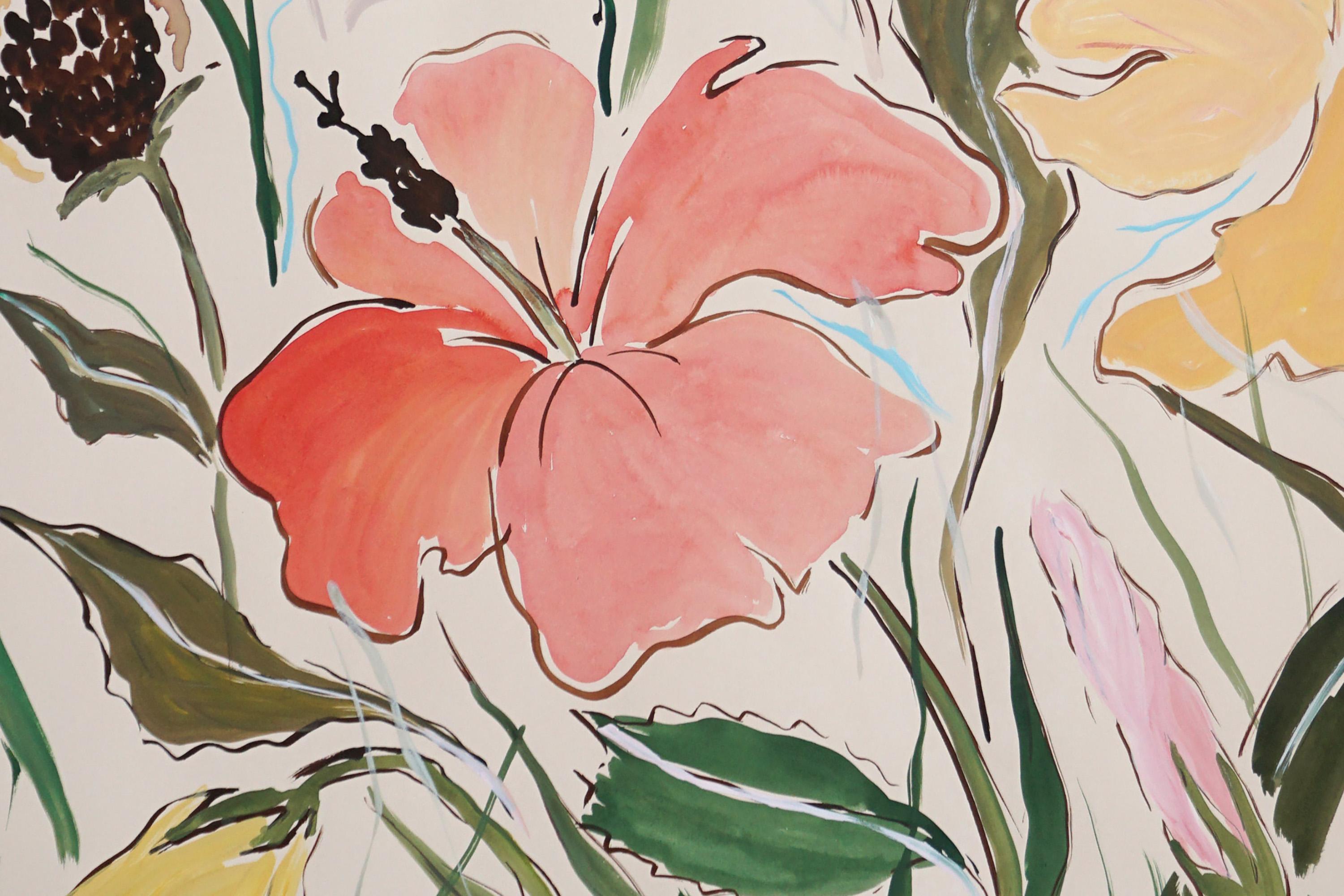 Hibiscus Oasis IV, Red, Yellow, Pink Diptych of Large Flowers, Green Leaves For Sale 3