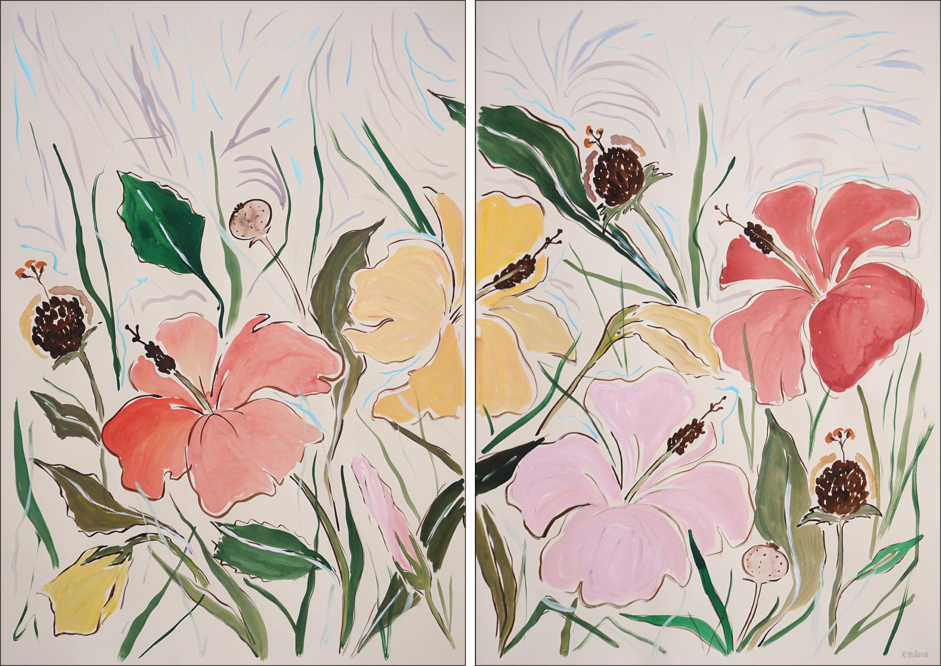 Romina Milano Landscape Painting – Hibiskus Oase IV, Rot, Gelb, Rosa Diptychon mit großen Blüten und grünen Blättern