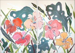 Hibiskus Oase, Großes Blumen Diptychon, Illustration Stil Botanische Garde, Papier