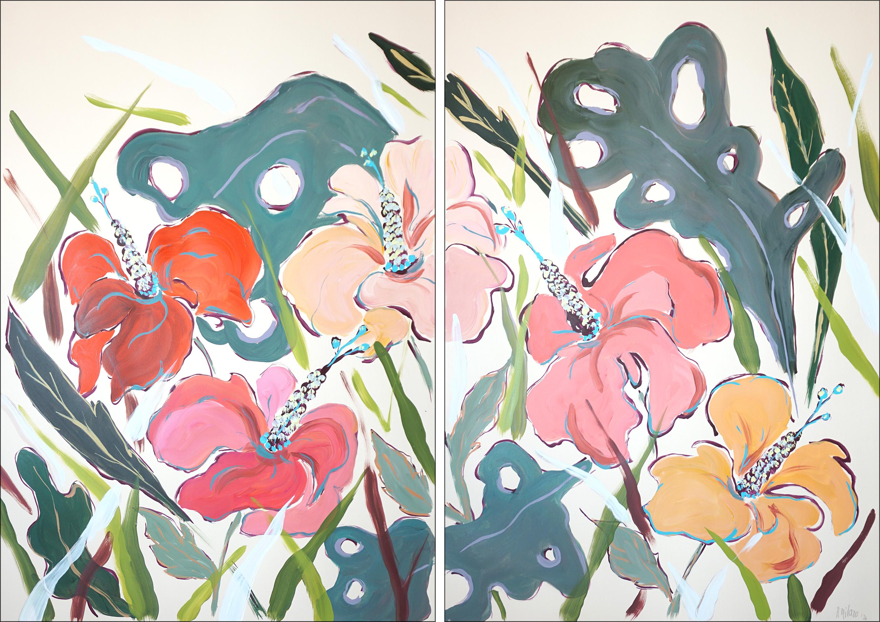 Hibiscus Oasis, Large Flowers Diptych, Illustration Style Botanical Garde, Paper