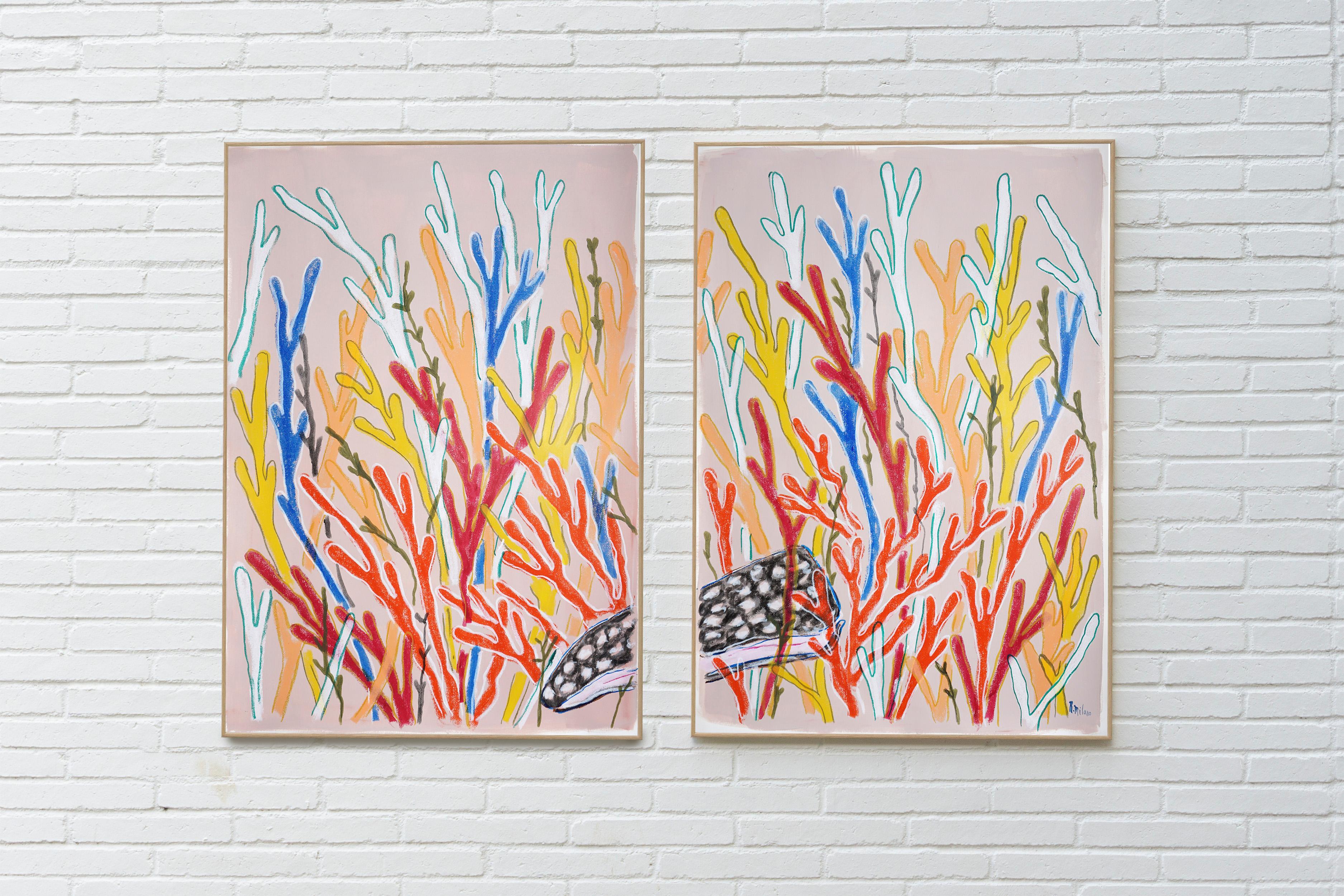 Hidden Shell, Nature Inspired Abstract Sea, Primary Tones Coral Diptych on Paper - Painting by Romina Milano