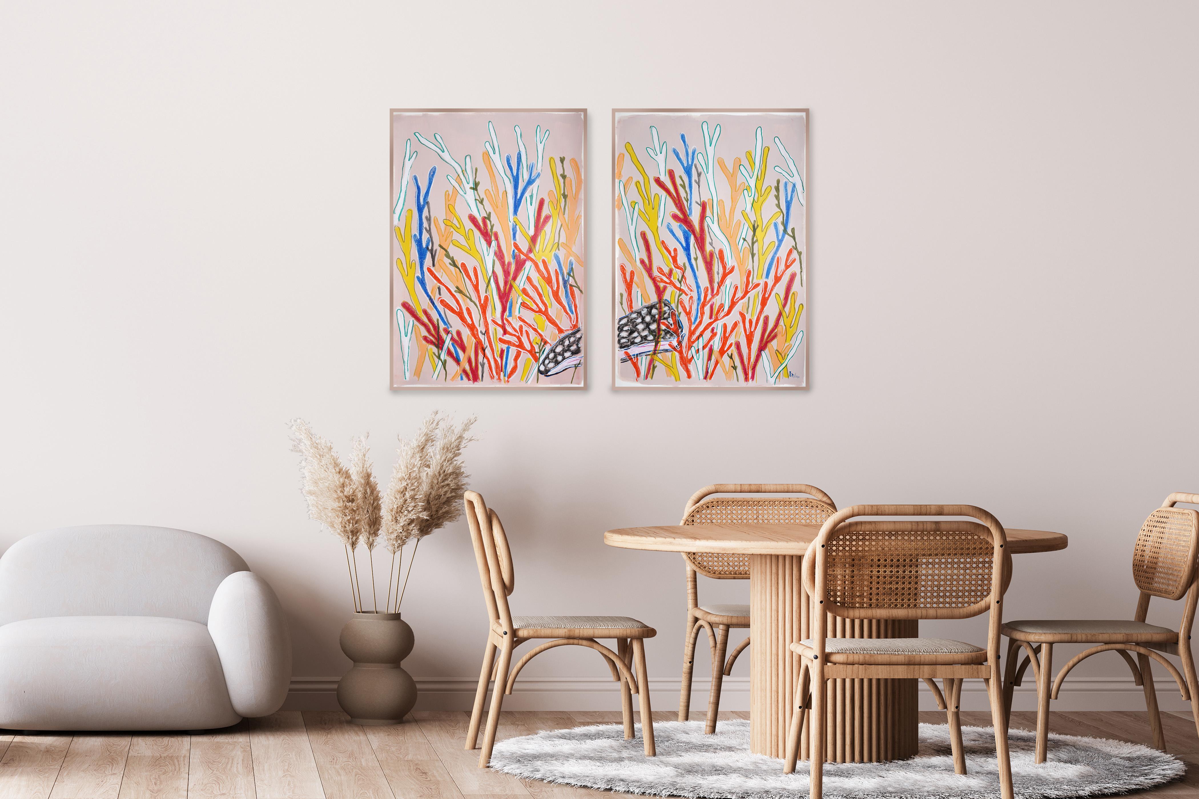 Hidden Shell, Nature Inspired Abstract Sea, Primary Tones Coral Diptych on Paper - Naturalistic Painting by Romina Milano