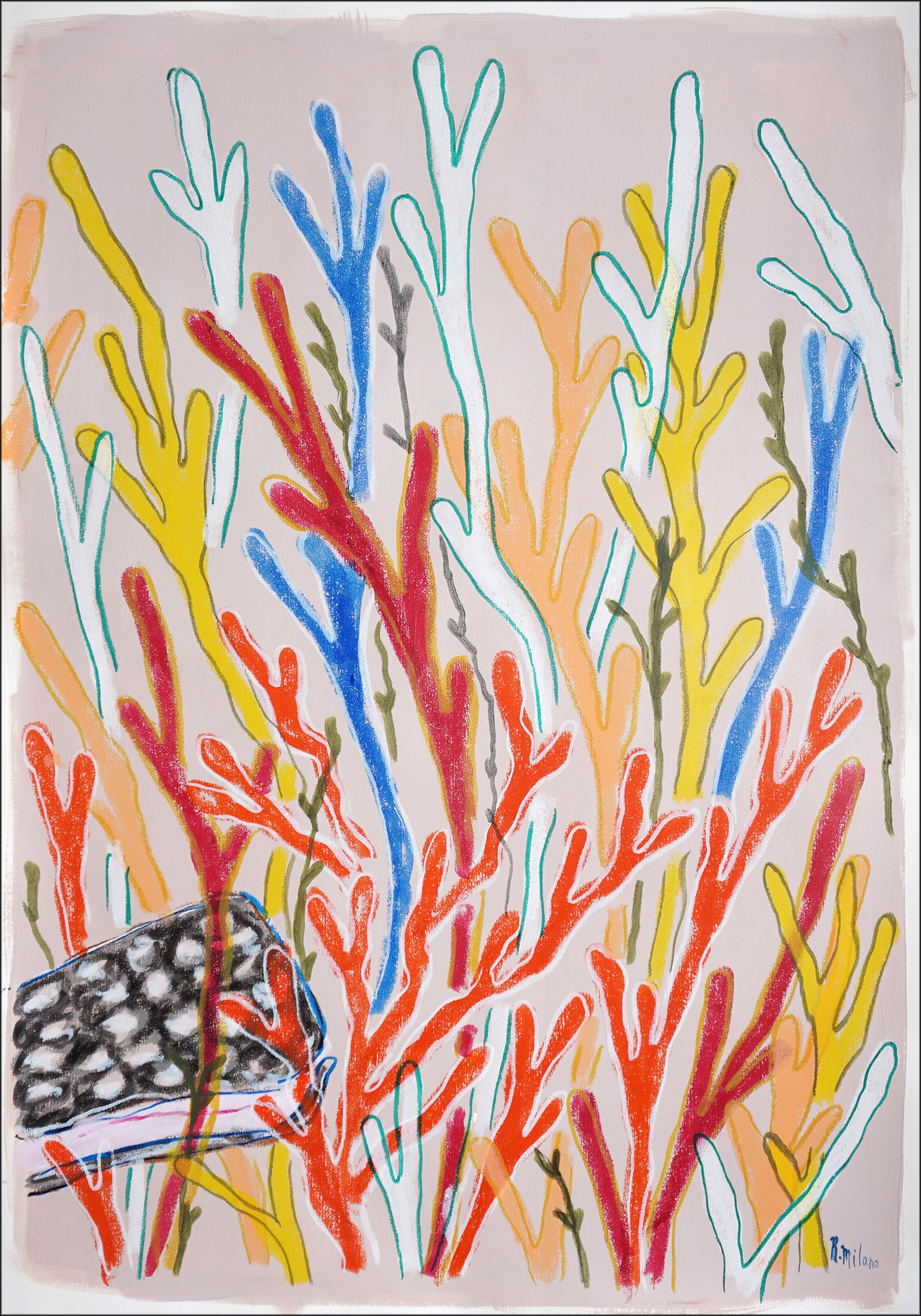 Hidden Shell by Romina Milano immerses viewers in a kaleidoscope of marine life, where vibrant coral-like branches weave across the surface in energetic layers of red, yellow, blue, and ochre. This mixed media diptych blurs the boundary between