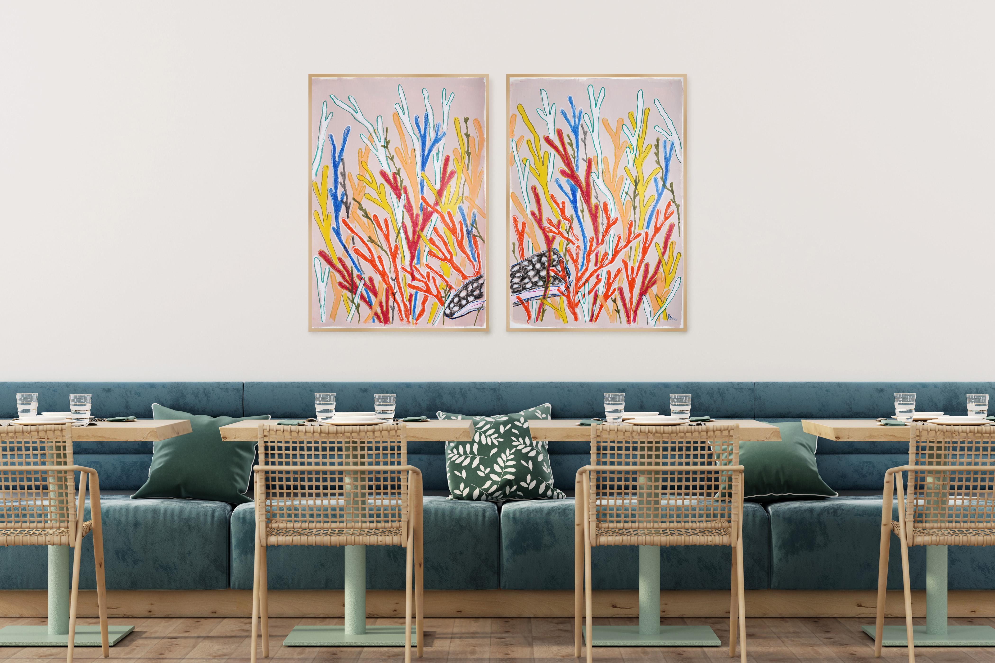Hidden Shell, Nature Inspired Abstract Sea, Primary Tones Coral Diptych on Paper 1