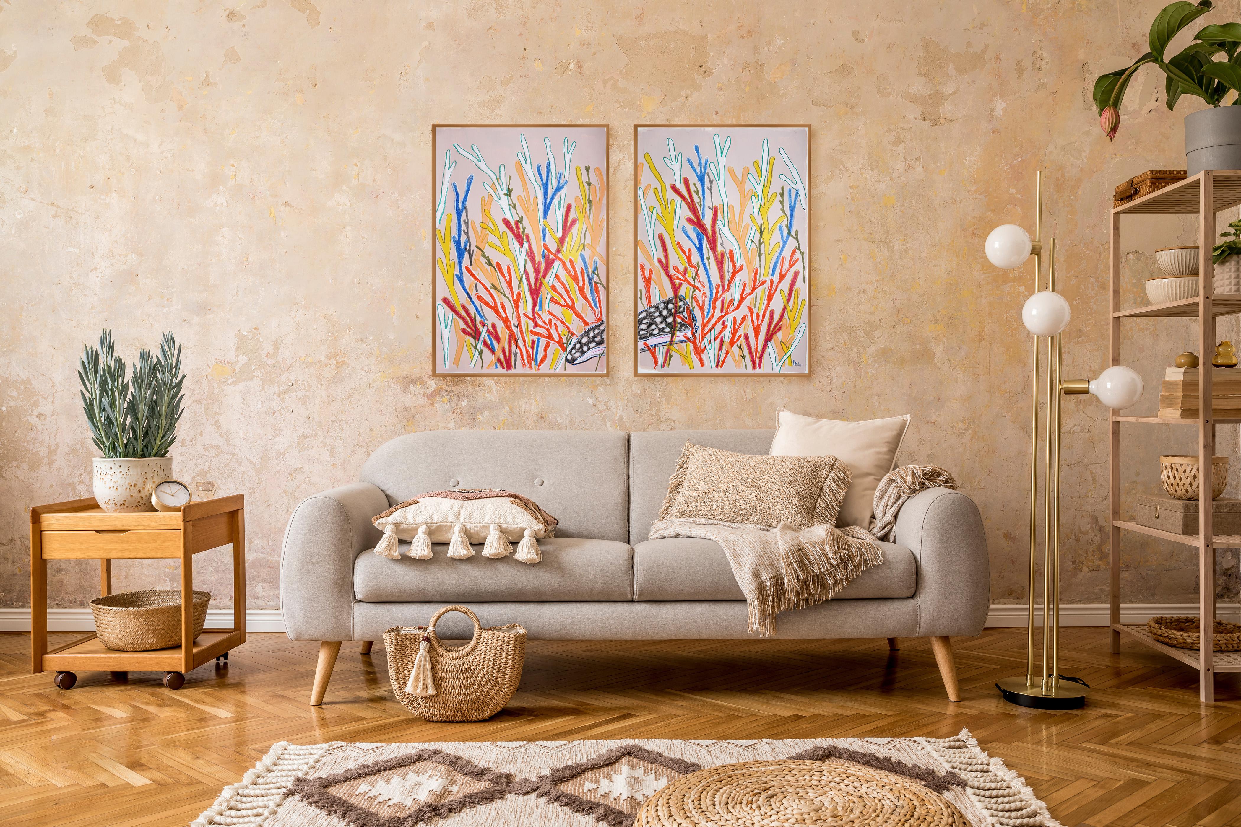 Hidden Shell, Nature Inspired Abstract Sea, Primary Tones Coral Diptych on Paper 2
