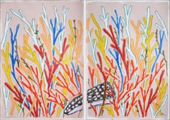 Versteckte Muschel, von der Nature inspiriertes abstraktes Meer, Primärfarben Koralle Diptychon auf Papier