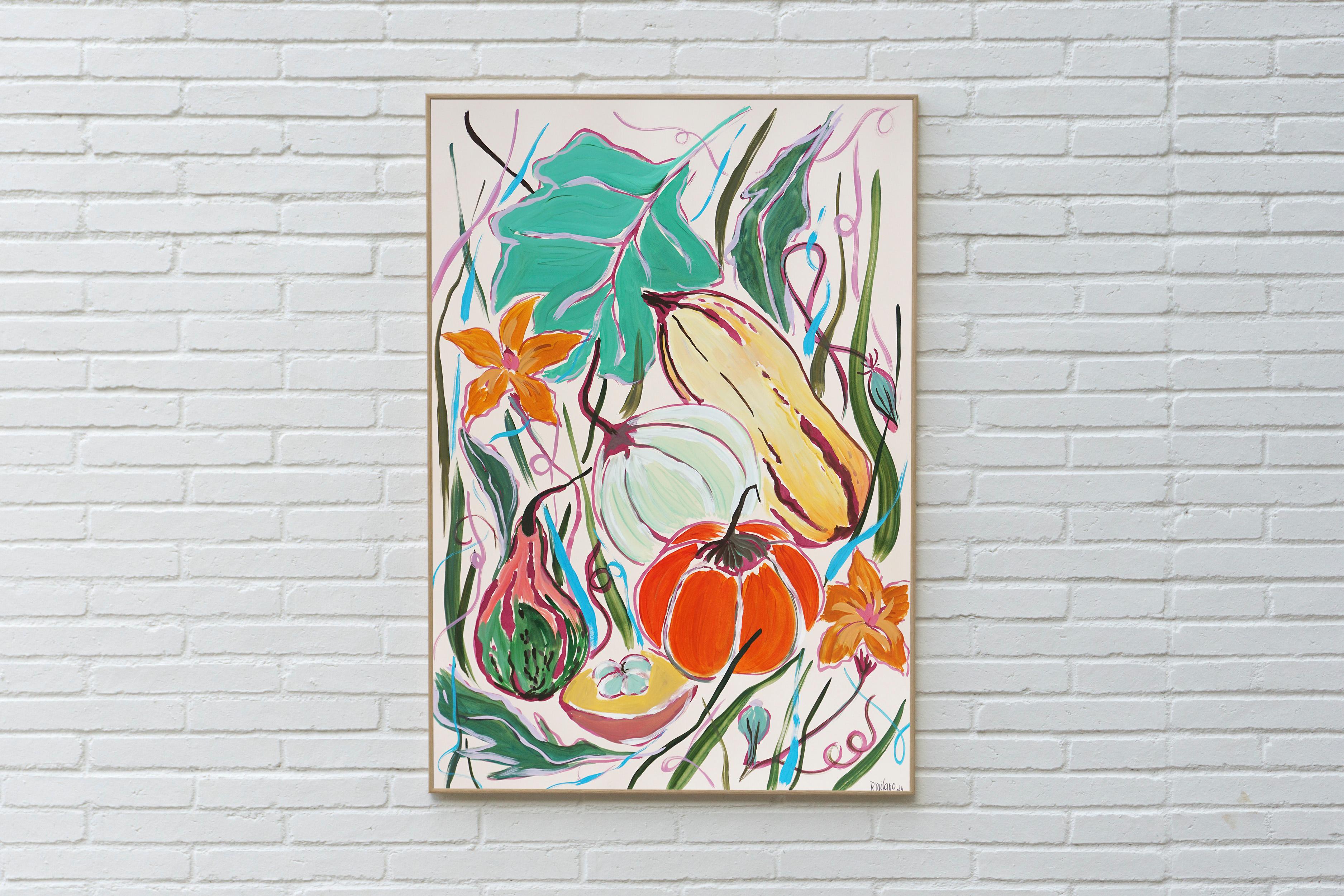 Peinture d'illustration d'une moisson de citrouilles d'automne, tons orange, encre de Chine, papier - Painting de Romina Milano