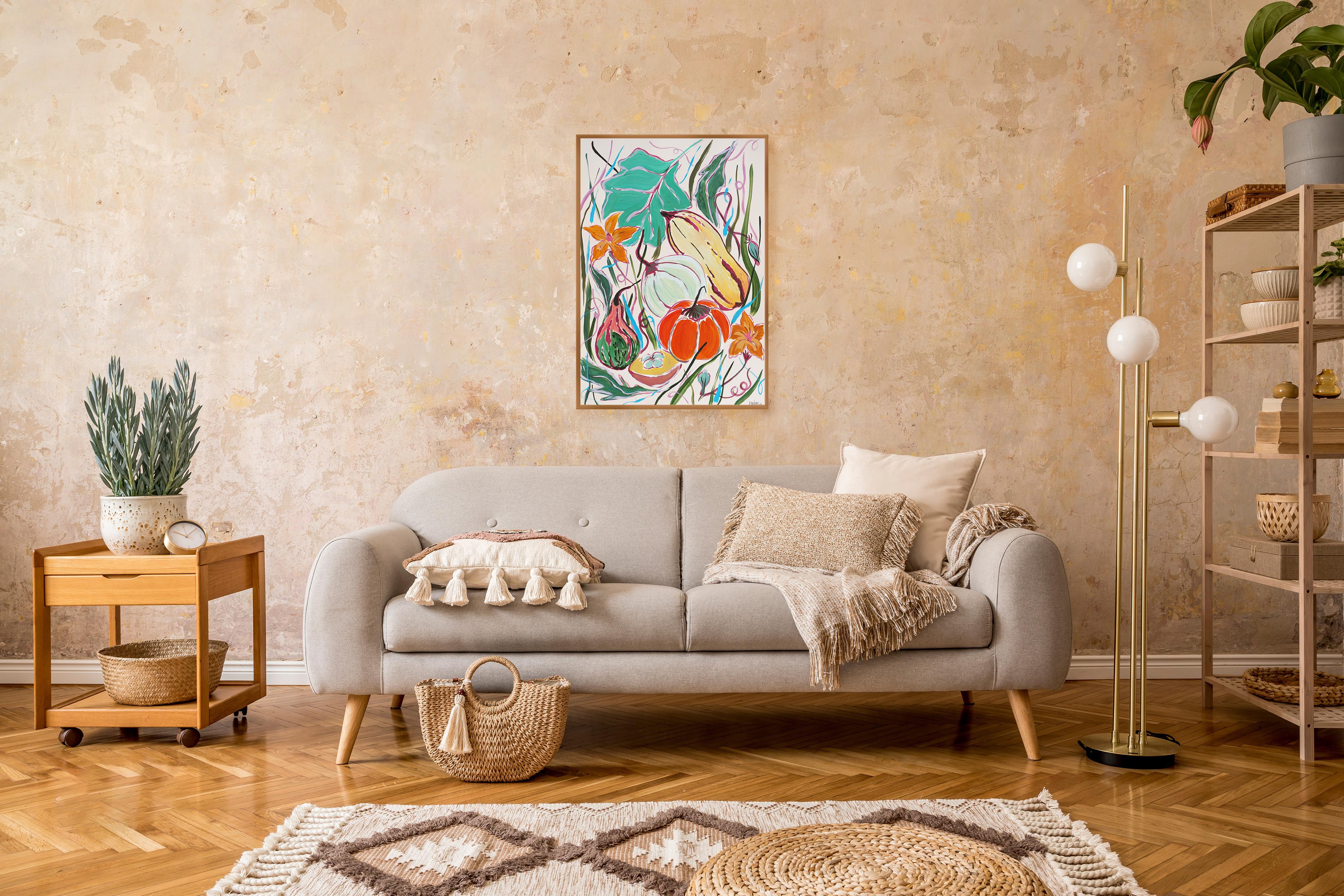 Peinture d'illustration d'une moisson de citrouilles d'automne, tons orange, encre de Chine, papier - Beige Still-Life Painting par Romina Milano
