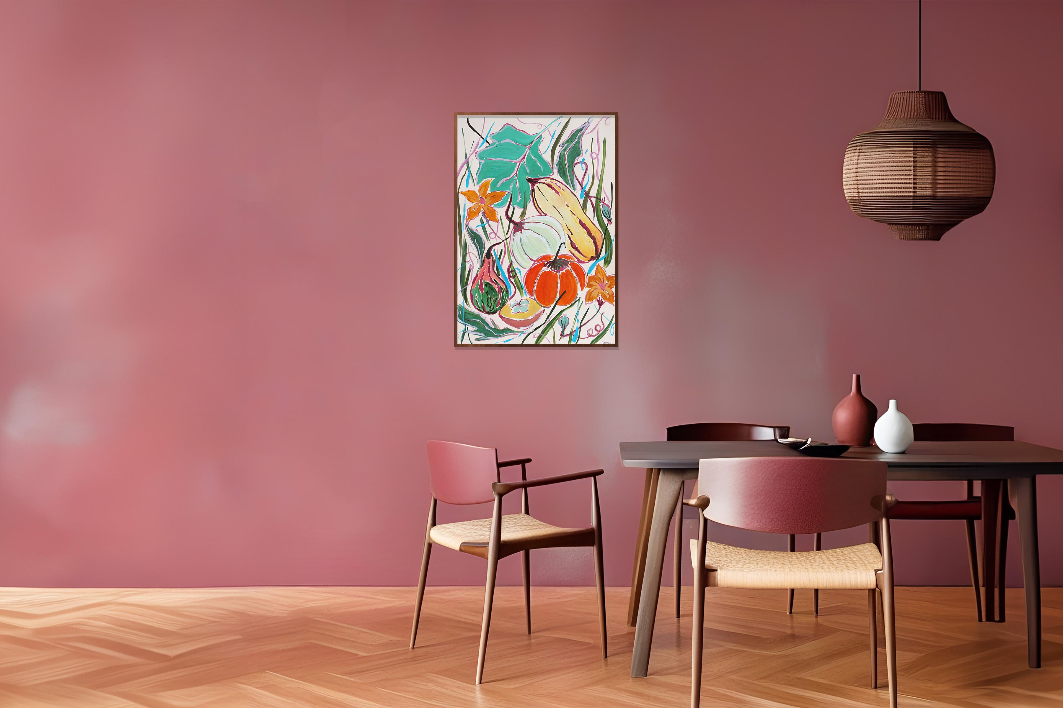 Peinture d'illustration d'une moisson de citrouilles d'automne, tons orange, encre de Chine, papier en vente 1