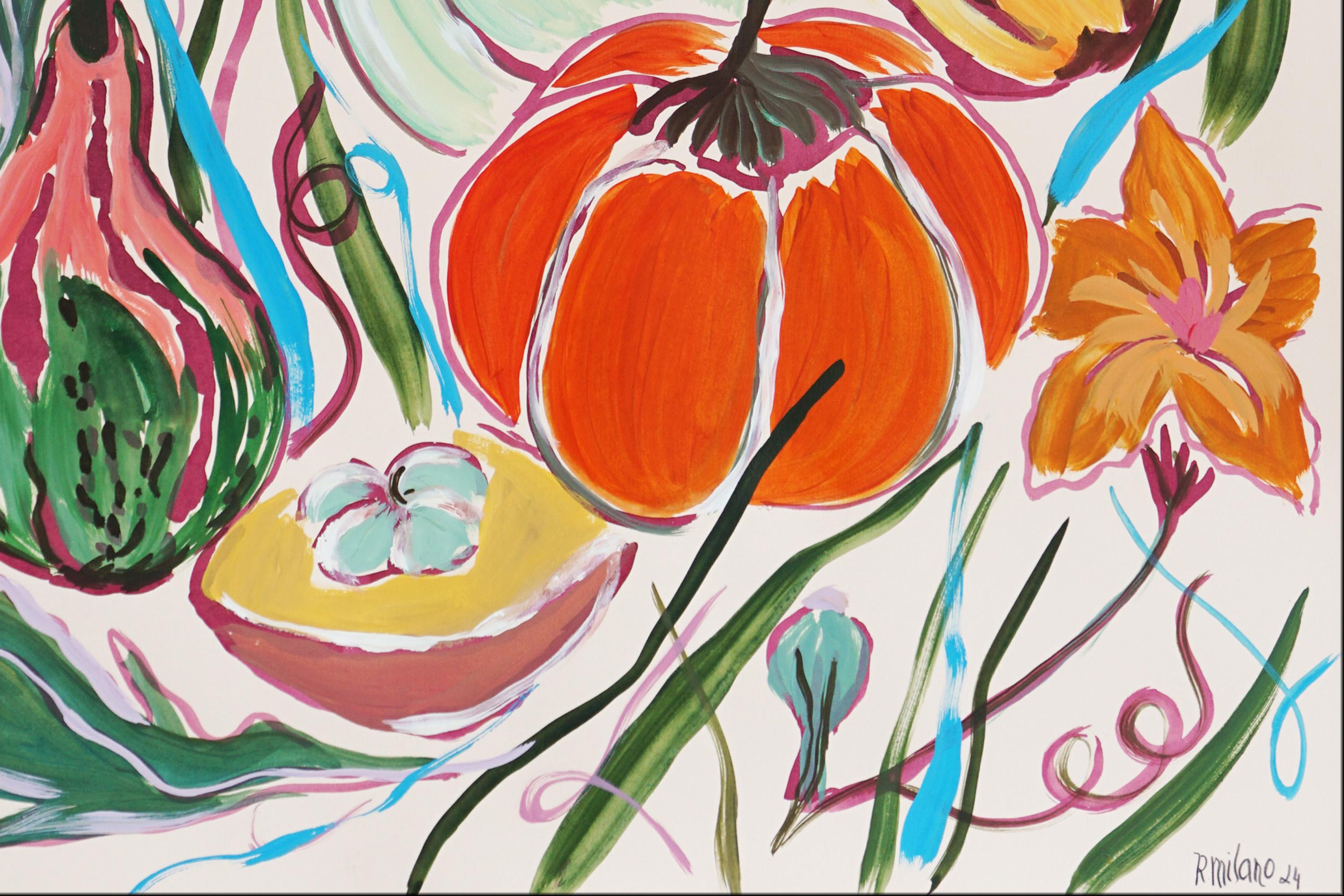 Peinture d'illustration d'une moisson de citrouilles d'automne, tons orange, encre de Chine, papier en vente 2
