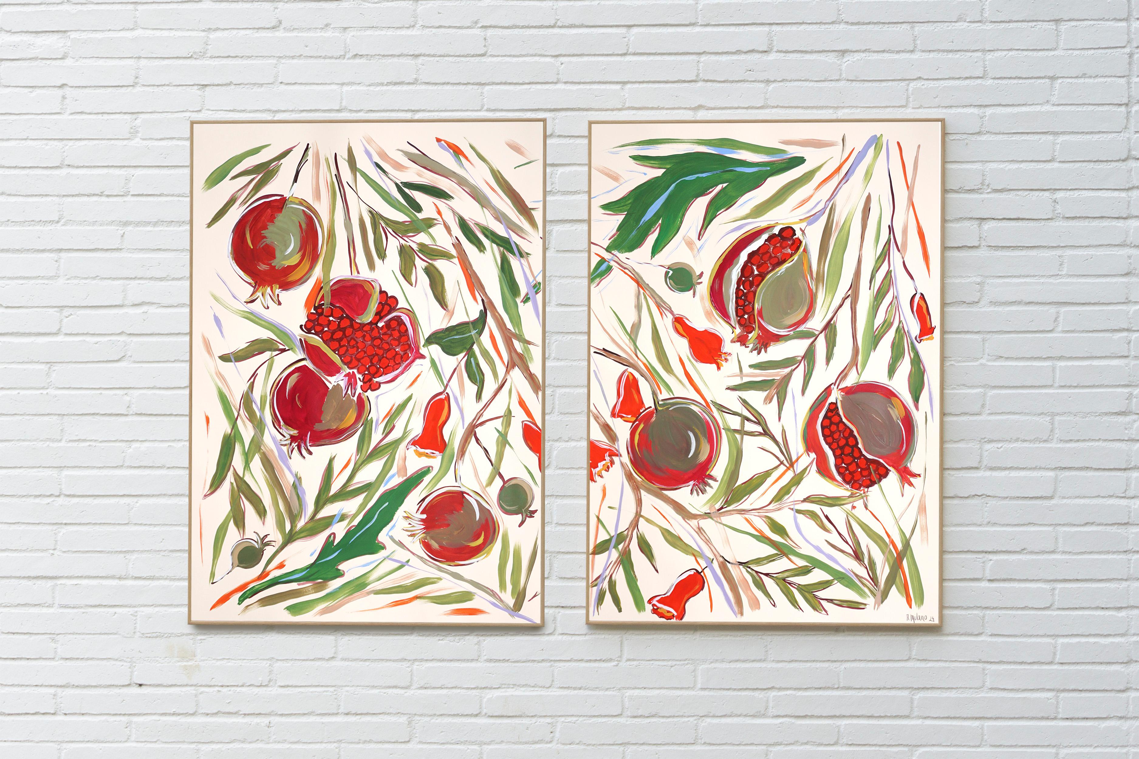 Dittico in stile illustrazione di un albero di melograno maturo, pittura acrilica su carta - Painting di Romina Milano