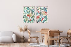 Dittico in stile illustrazione di un albero di melograno maturo, pittura acrilica su carta