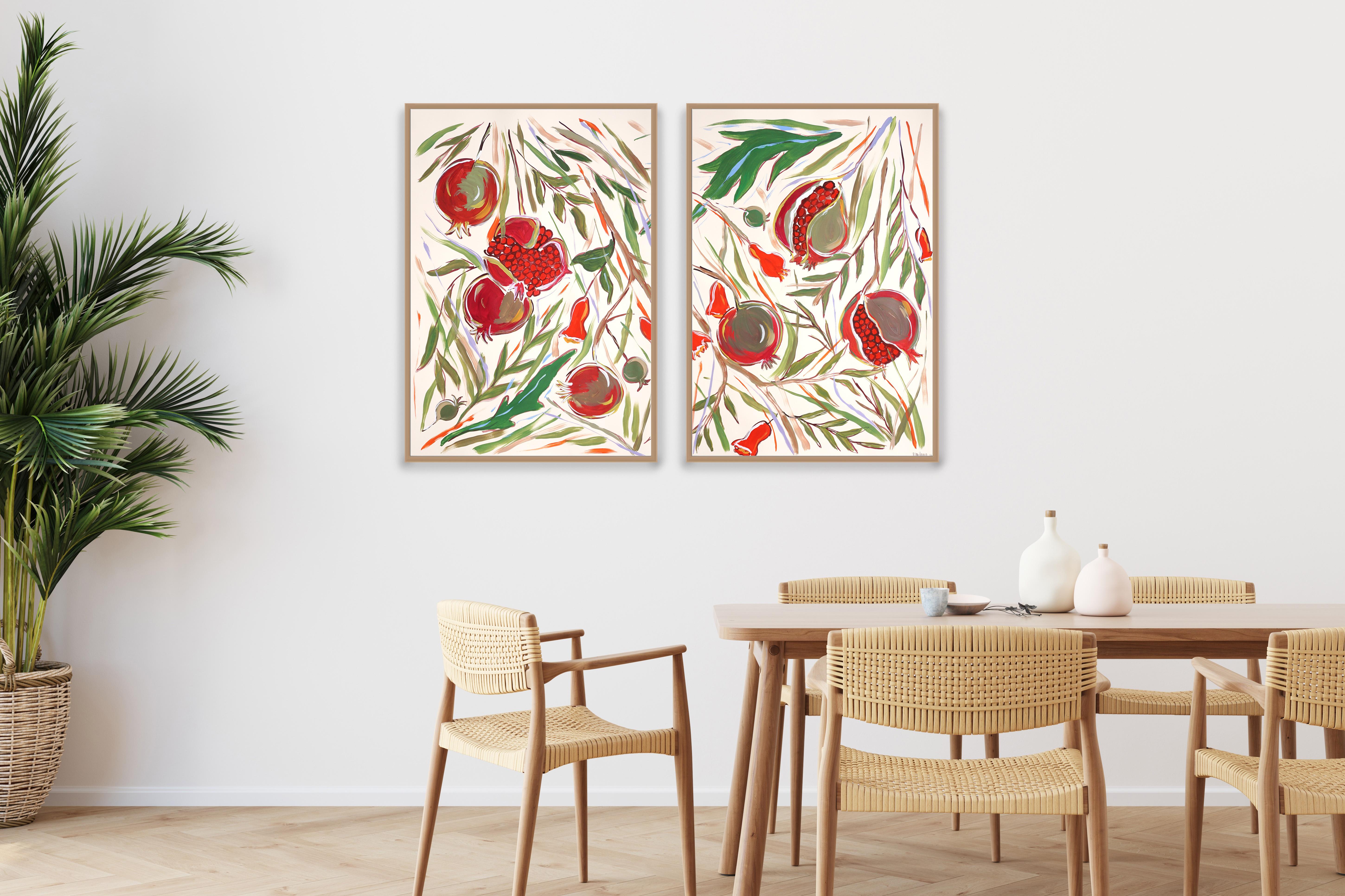 Dittico in stile illustrazione di un albero di melograno maturo, pittura acrilica su carta - Painting Fauvismo di Romina Milano