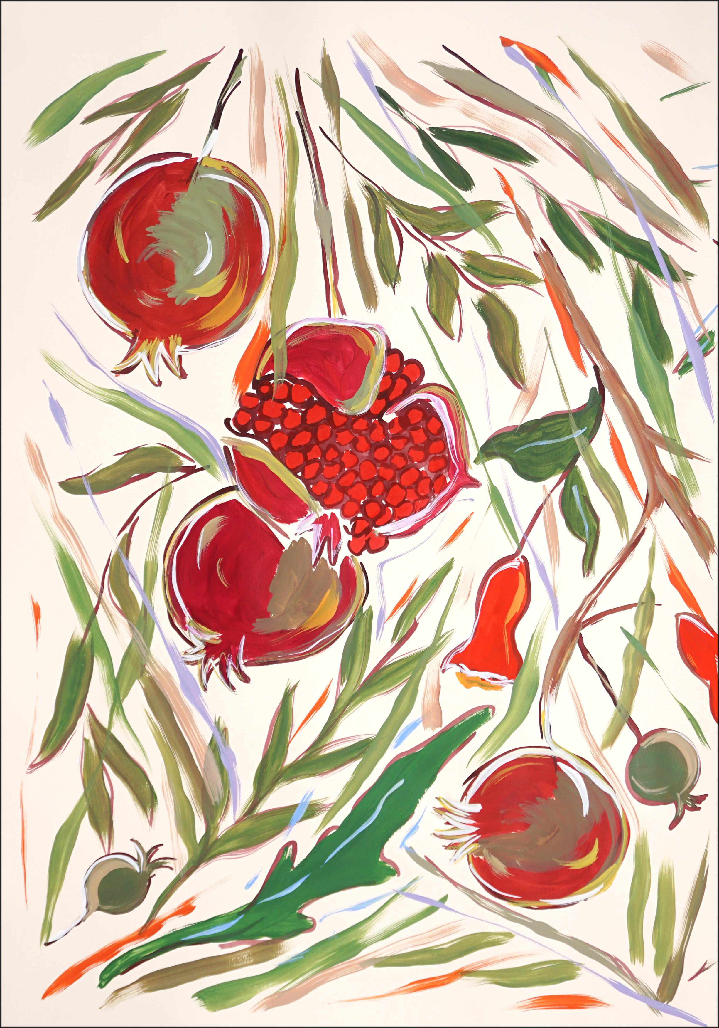 Dittico in stile illustrazione di un albero di melograno maturo, pittura acrilica su carta - Still-Life Painting Beige di Romina Milano