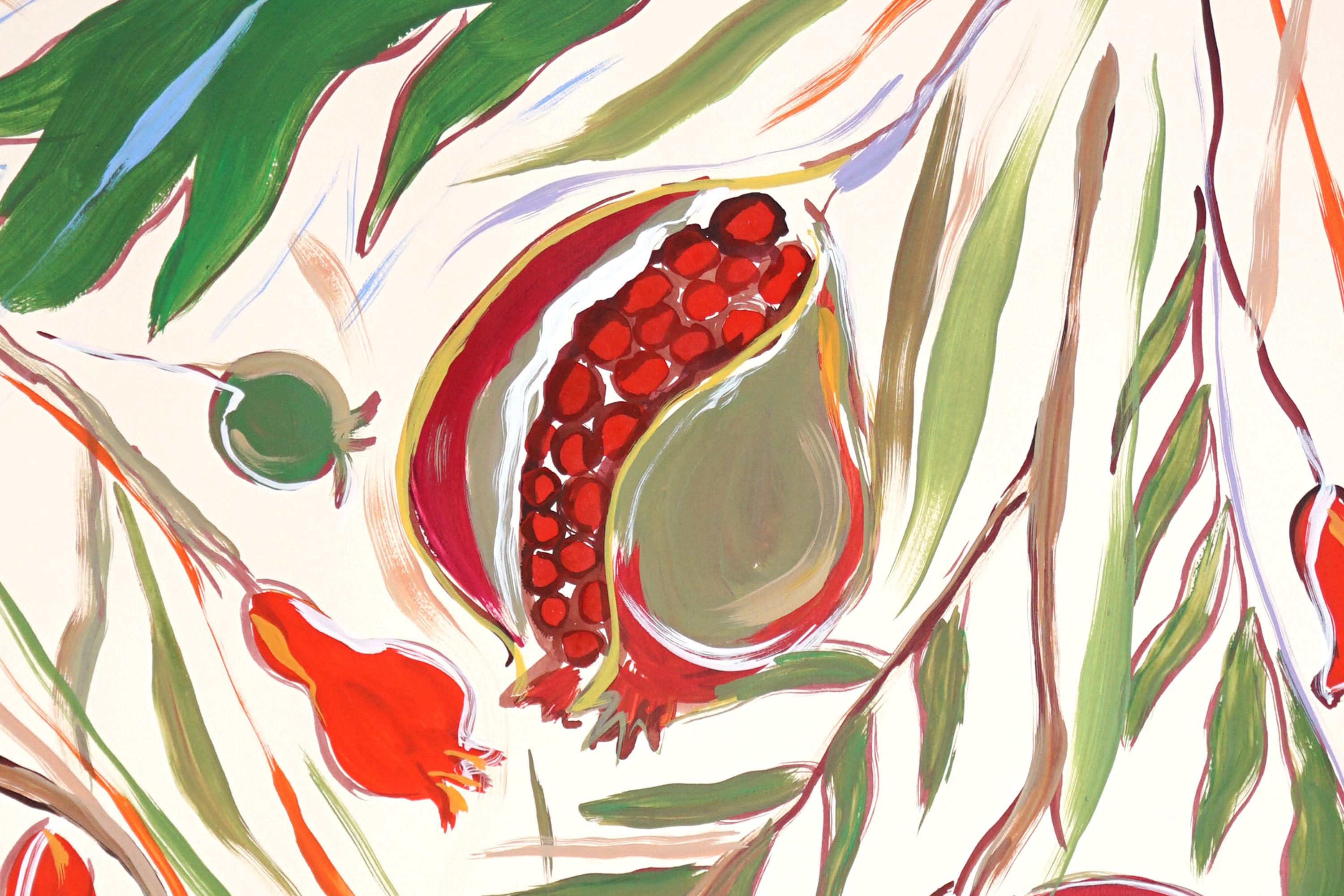 Dittico in stile illustrazione di un albero di melograno maturo, pittura acrilica su carta 1