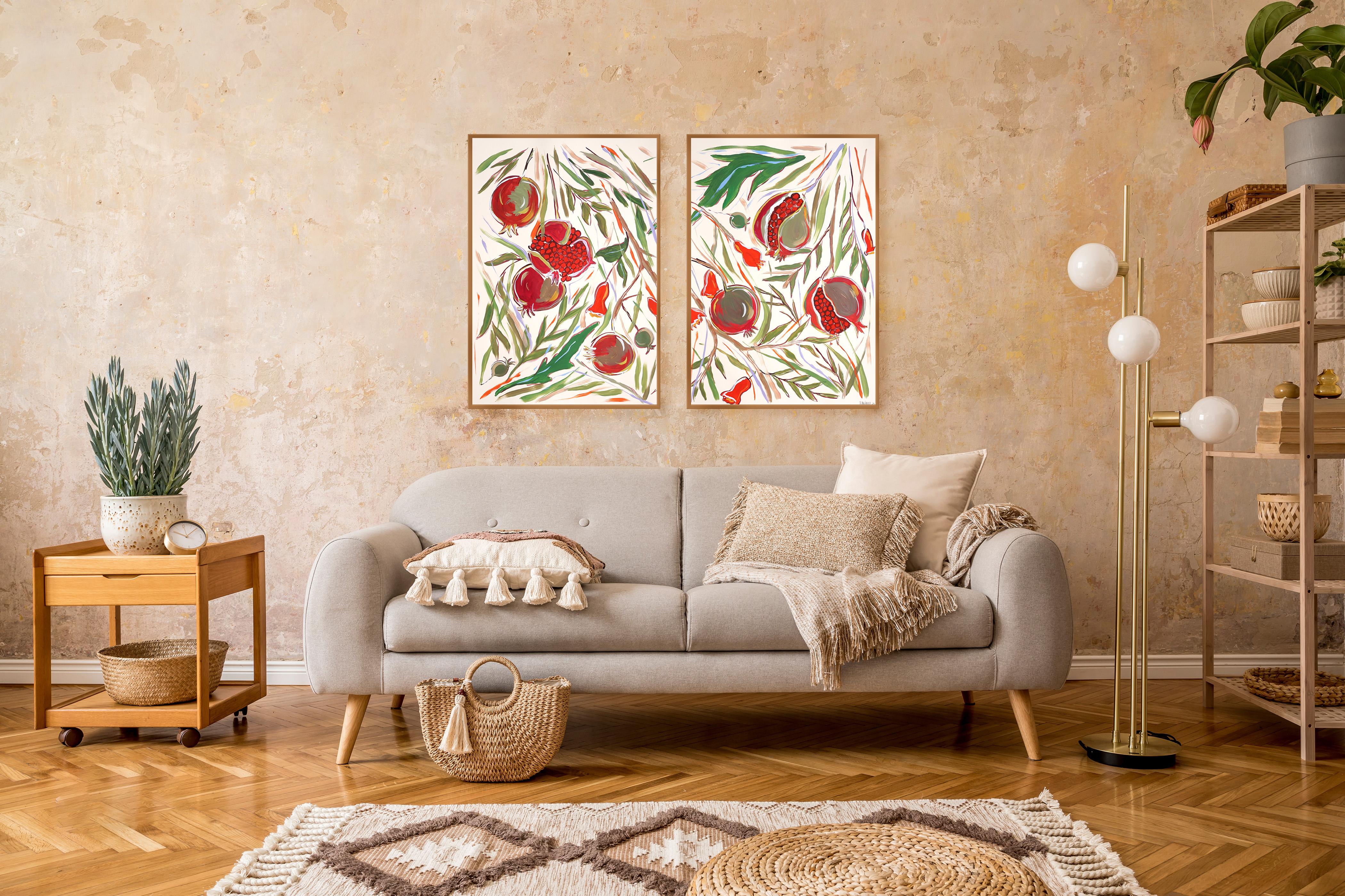 Dittico in stile illustrazione di un albero di melograno maturo, pittura acrilica su carta 2
