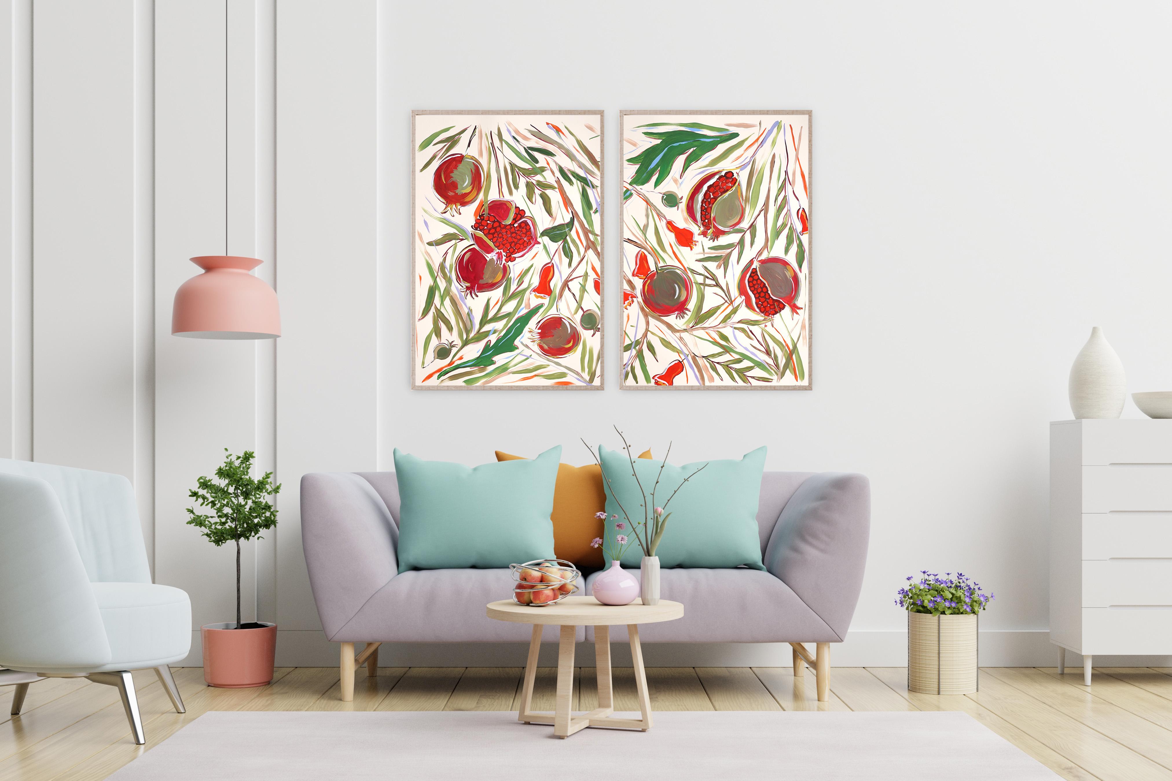 Dittico in stile illustrazione di un albero di melograno maturo, pittura acrilica su carta 3