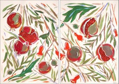 Dittico in stile illustrazione di un albero di melograno maturo, pittura acrilica su carta
