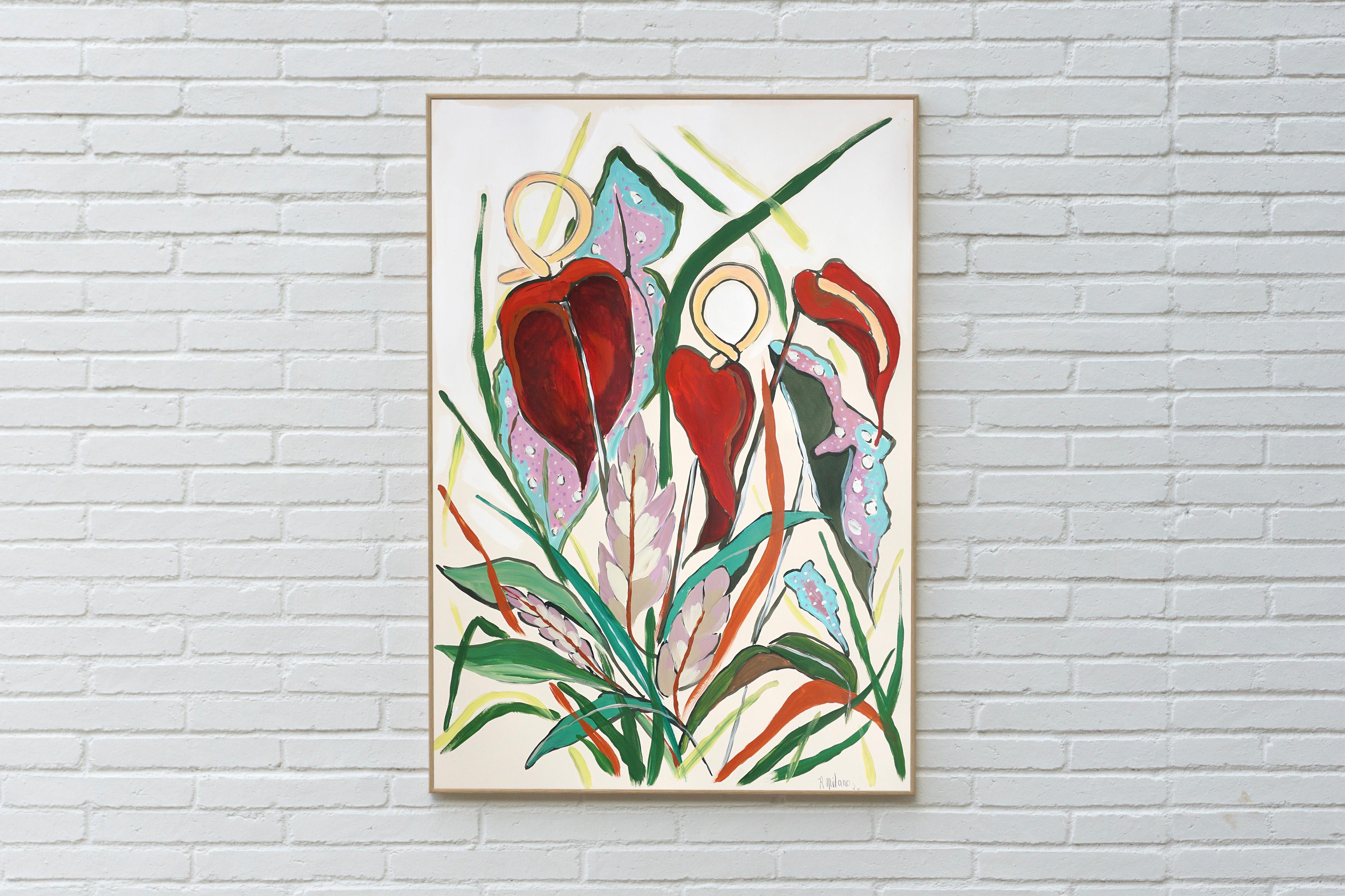 Style d'illustration, Bouquet de flamants exotiques, Fleurs tropicales rouges sur papier - Painting de Romina Milano