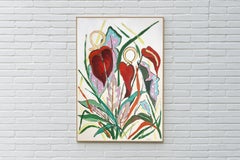 Style d'illustration, Bouquet de flamants exotiques, Fleurs tropicales rouges sur papier