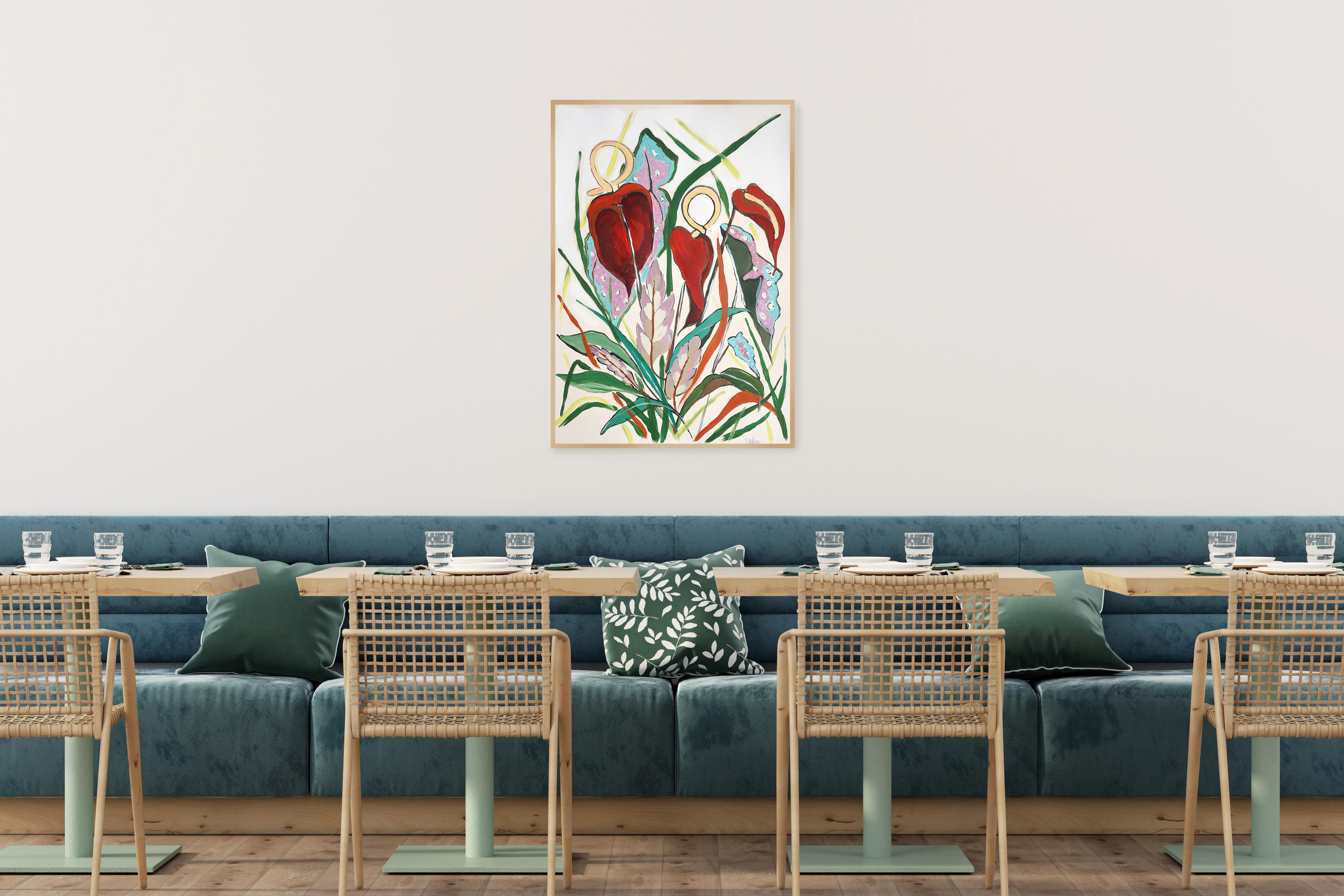 Style d'illustration, Bouquet de flamants exotiques, Fleurs tropicales rouges sur papier - Expressionniste Painting par Romina Milano