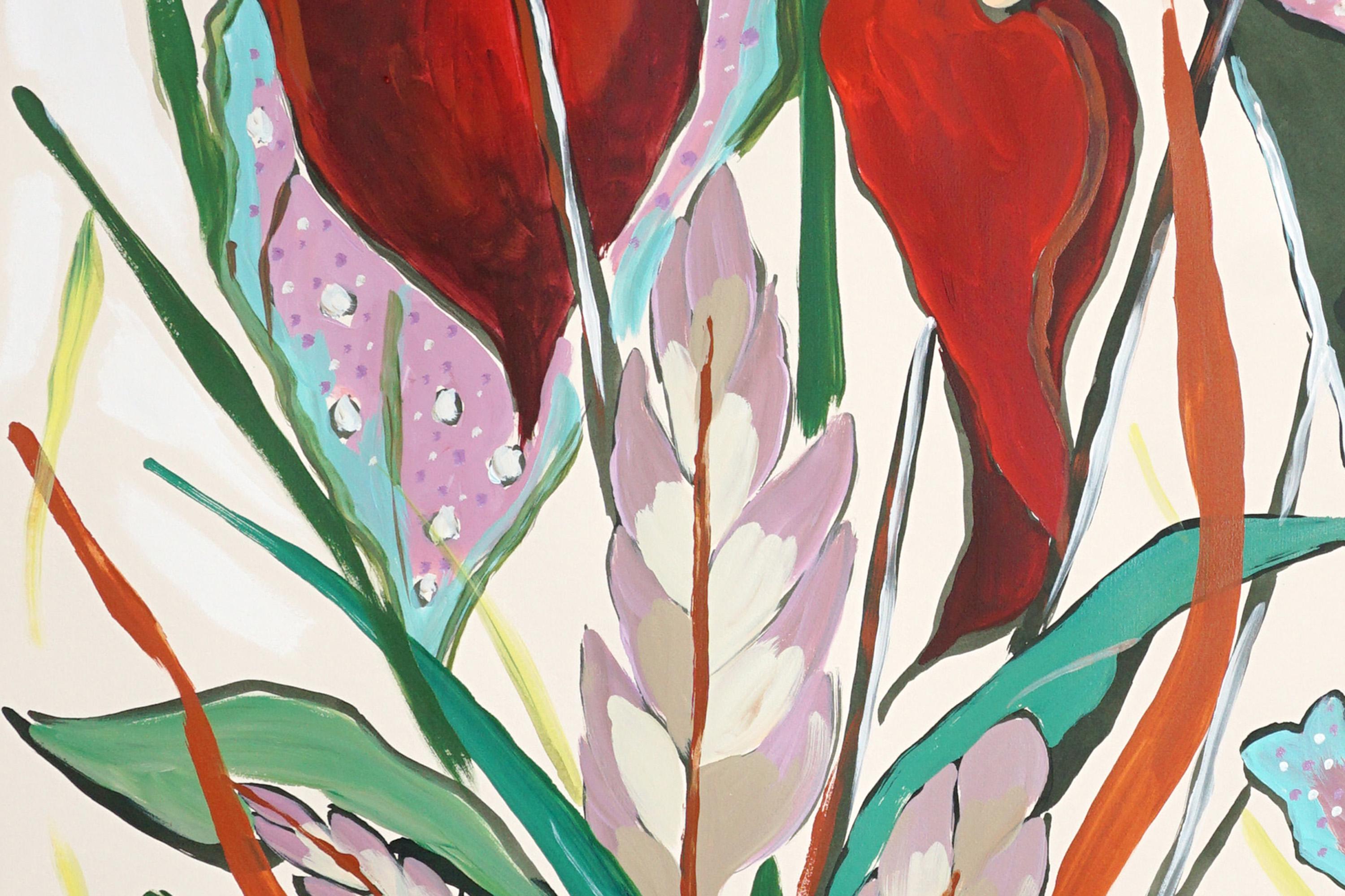Style d'illustration, Bouquet de flamants exotiques, Fleurs tropicales rouges sur papier - Beige Still-Life Painting par Romina Milano